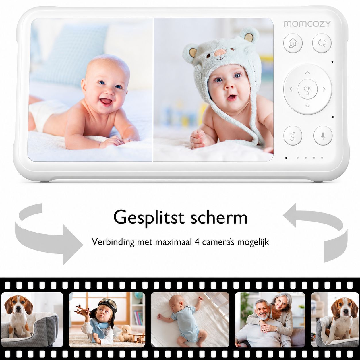 Witte babyfoon met gesplitst scherm, toont twee baby's. Tekst: 'Gesplitscht scherm'.