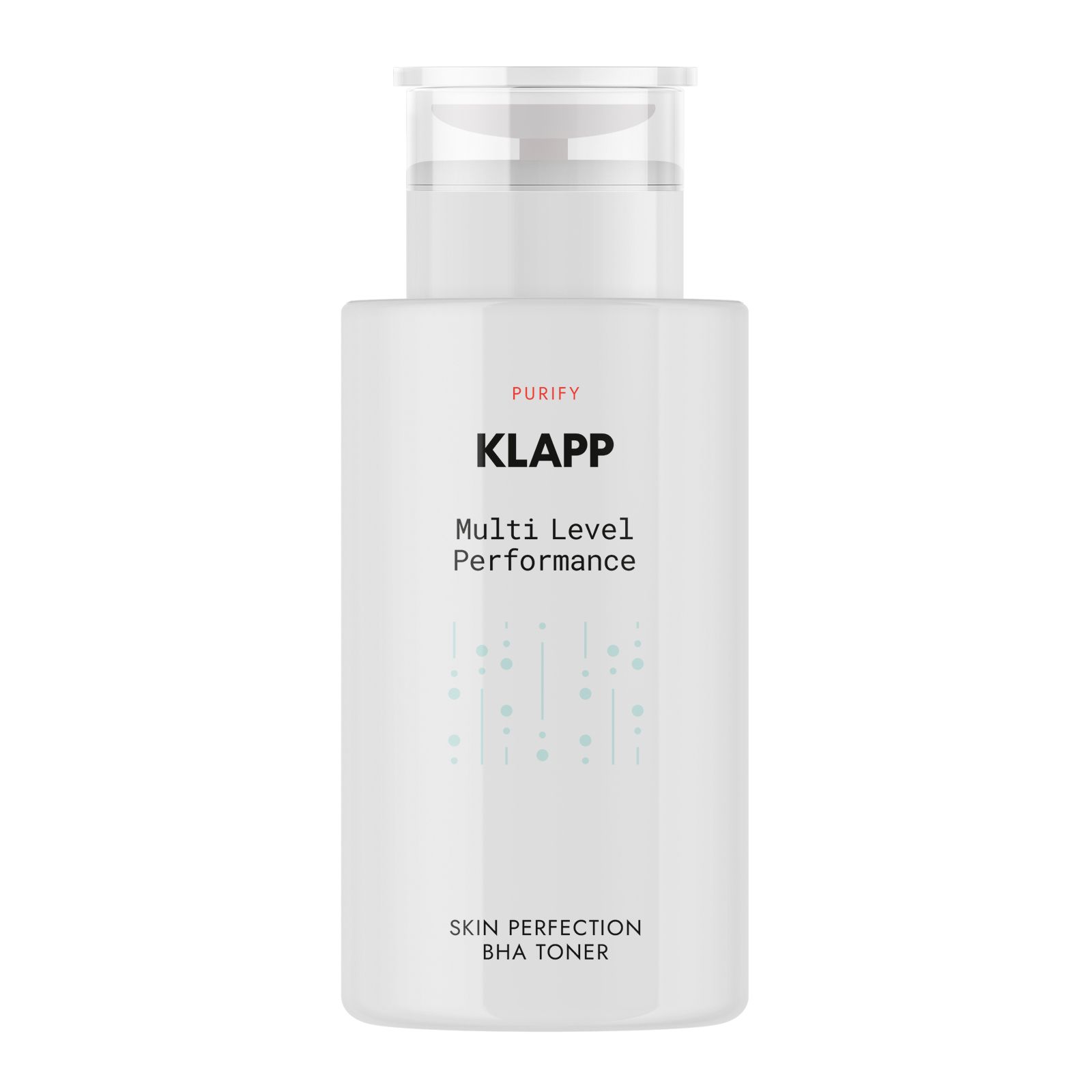 Witte fles met Klapp-logo en productnaam: Multi Level Performance, Skin Perfection BHA Toner. Transparante dop.