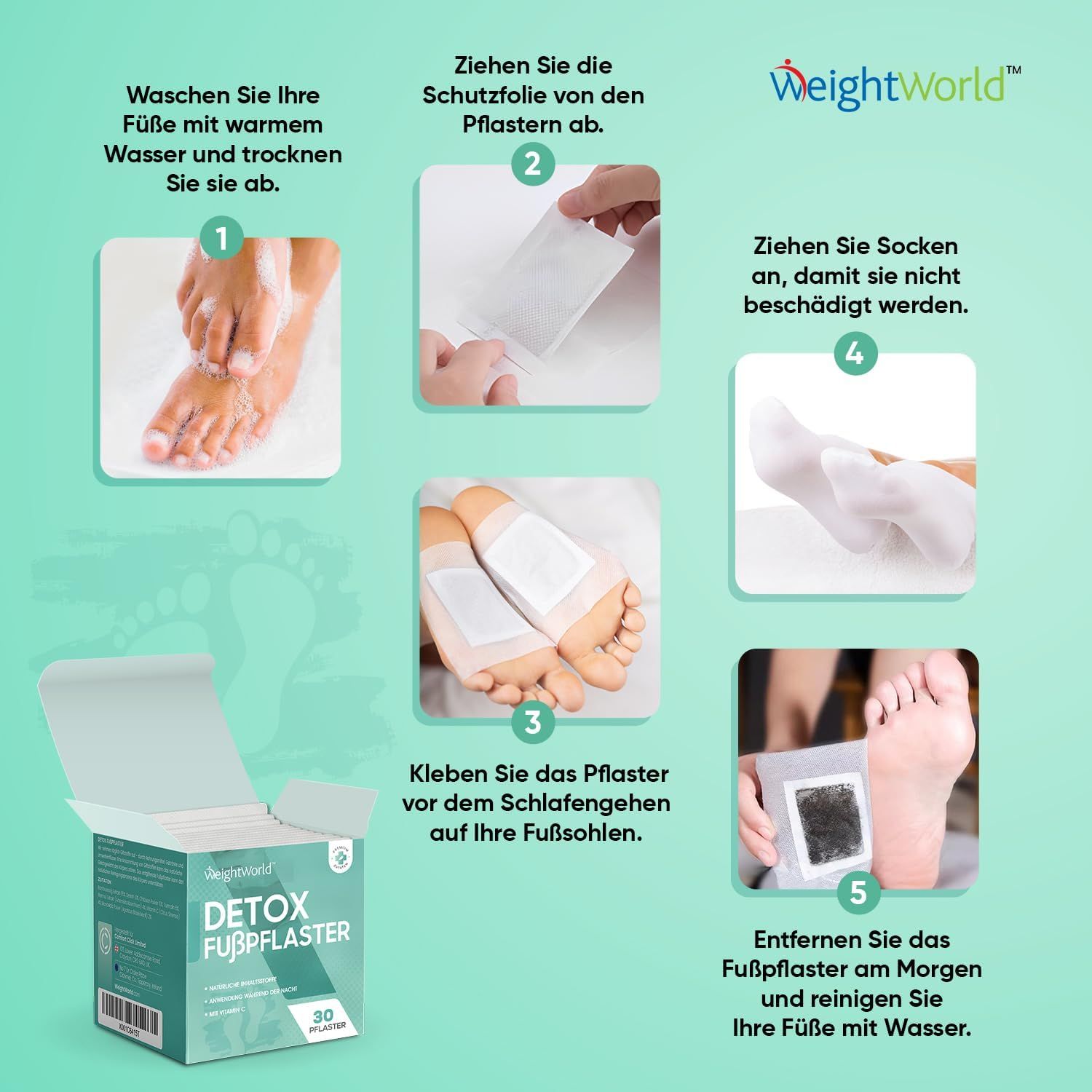 Gebruik van WeightWorld Detox Voetpleisters. Stappen: voeten wassen, pleister aanbrengen, sokken aantrekken, pleister verwijderen.