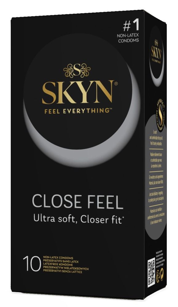 Boîte noire. SKYN Close Feel. 10 préservatifs. Texte: Ultra doux, forme ajustée. Préservatifs non-latex.