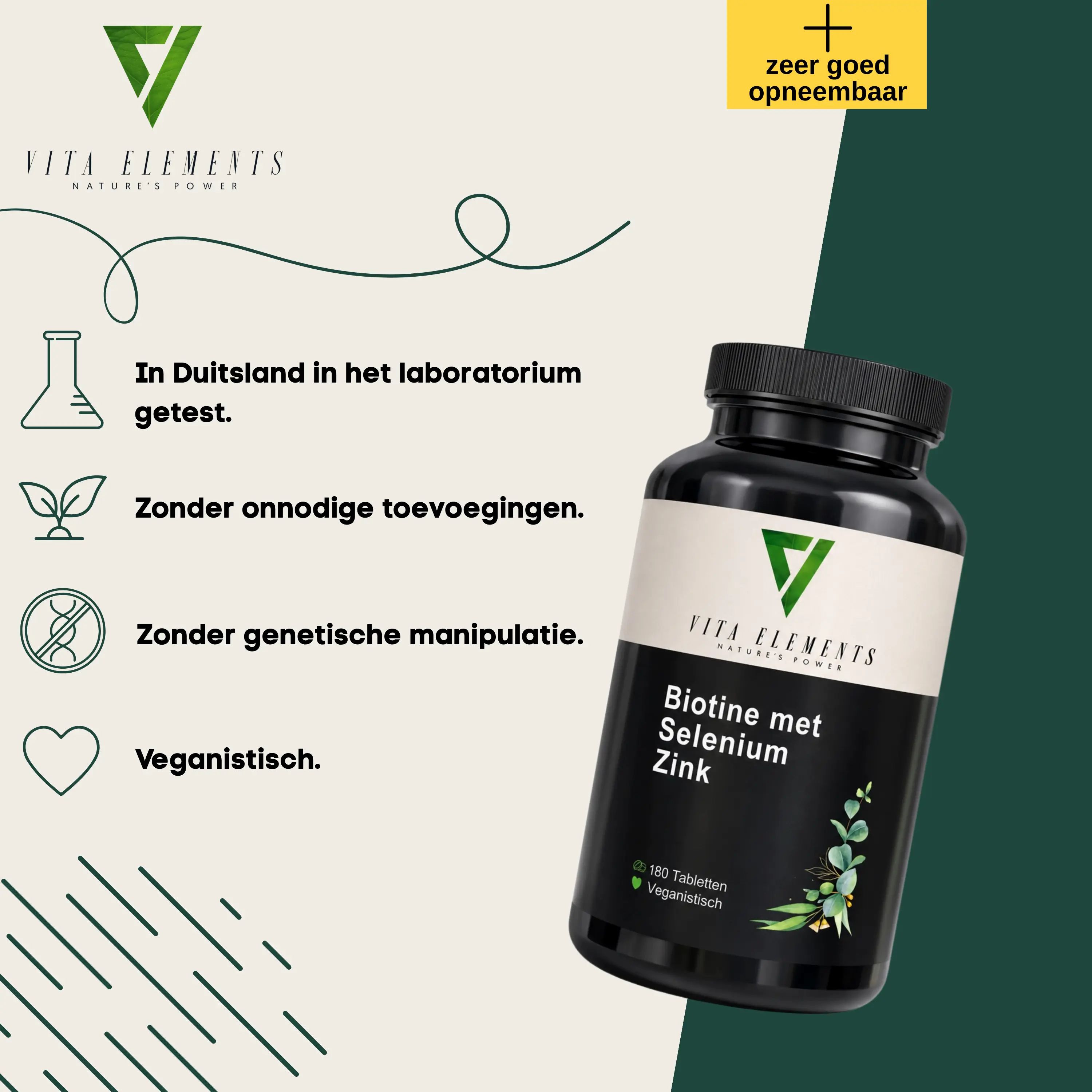 Vrouw met krullend haar die een tablet Vita Elements Biotine met Selenium & Zink vasthoudt.