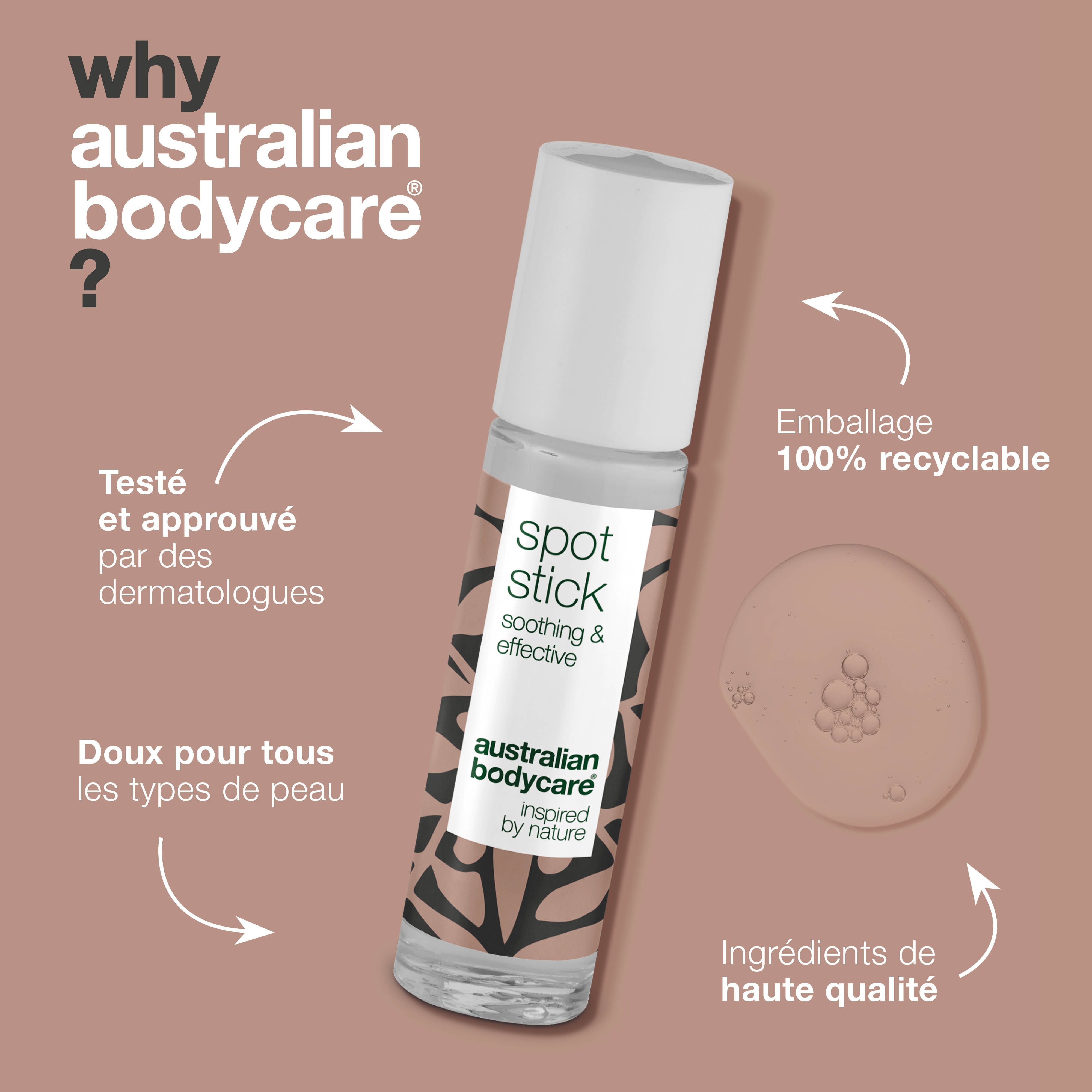 Stick roll-on et texte. Inscription : Spot Stick, soothing & effective, Australian Bodycare. Texte sur les avis.