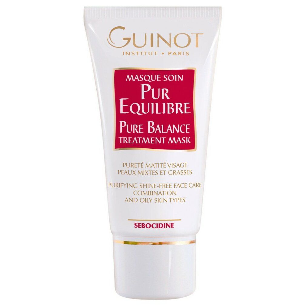 Tube blanc et rouge avec nom de produit et marque. Texte: Masque Soin Pur Équilibre, Pure Balance Treatment Mask.