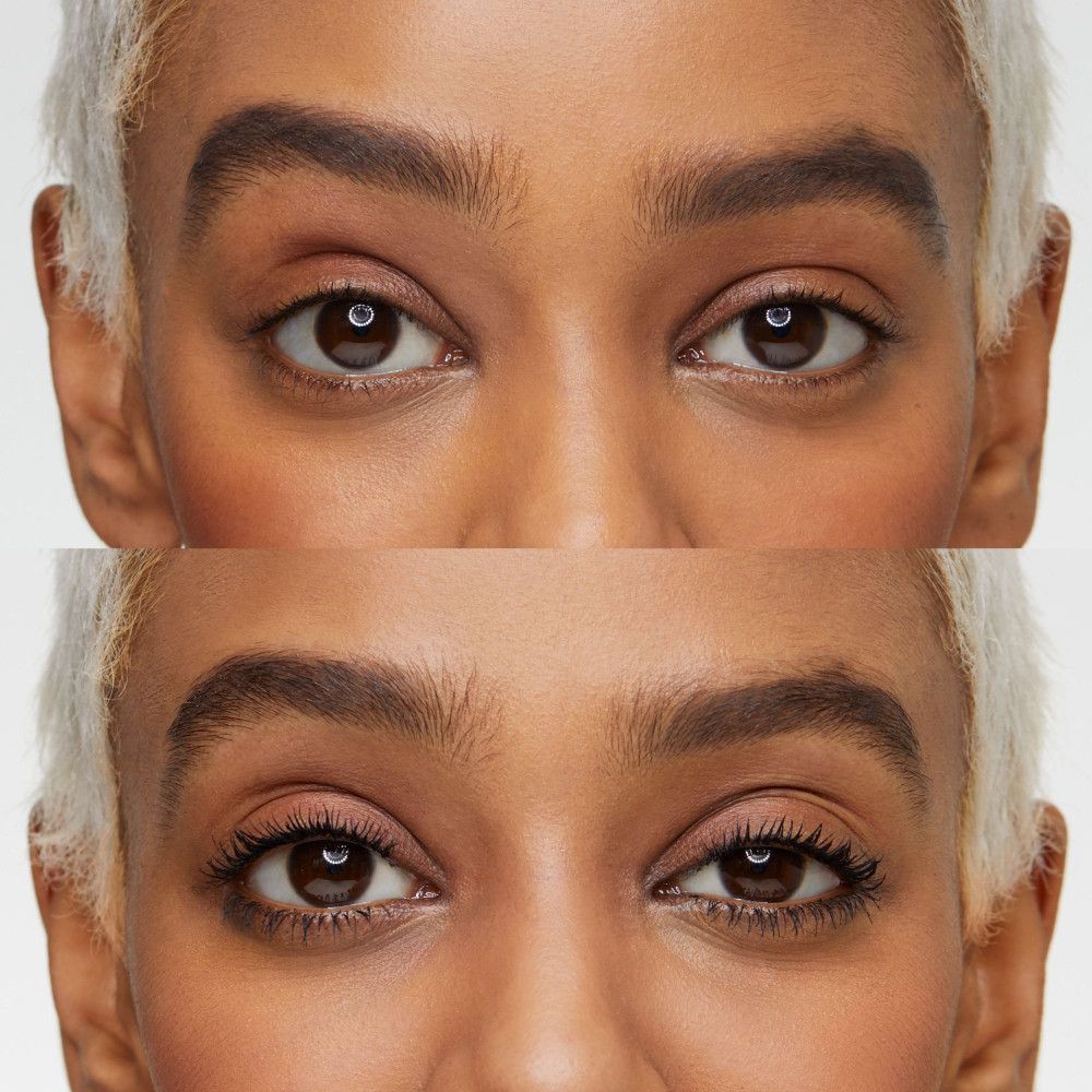 Paire d'yeux avant et après l'application du mascara. Les cils sont nettement plus volumineux.