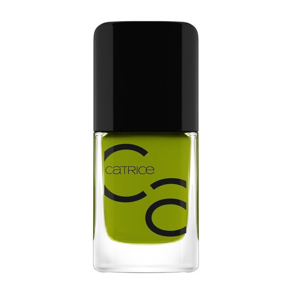 Flacon de vernis à ongles vert avec bouchon noir. Logo Catrice.