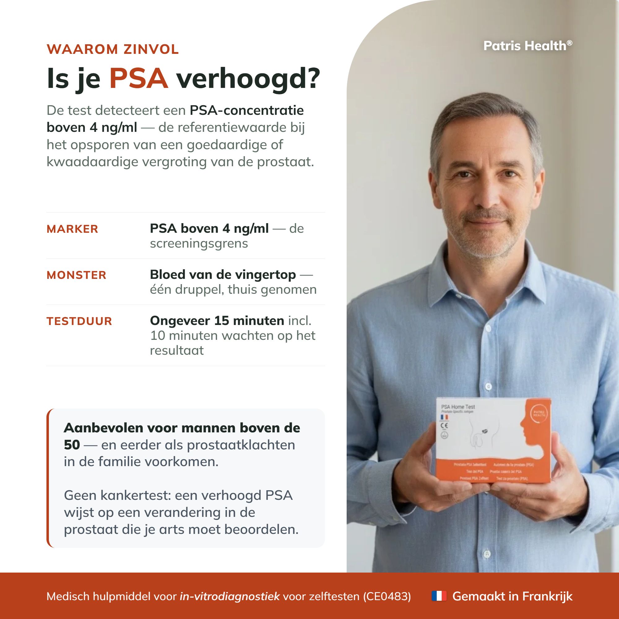 Man met PSA zelftest verpakking: Waarom is uw PSA-waarde verhoogd?