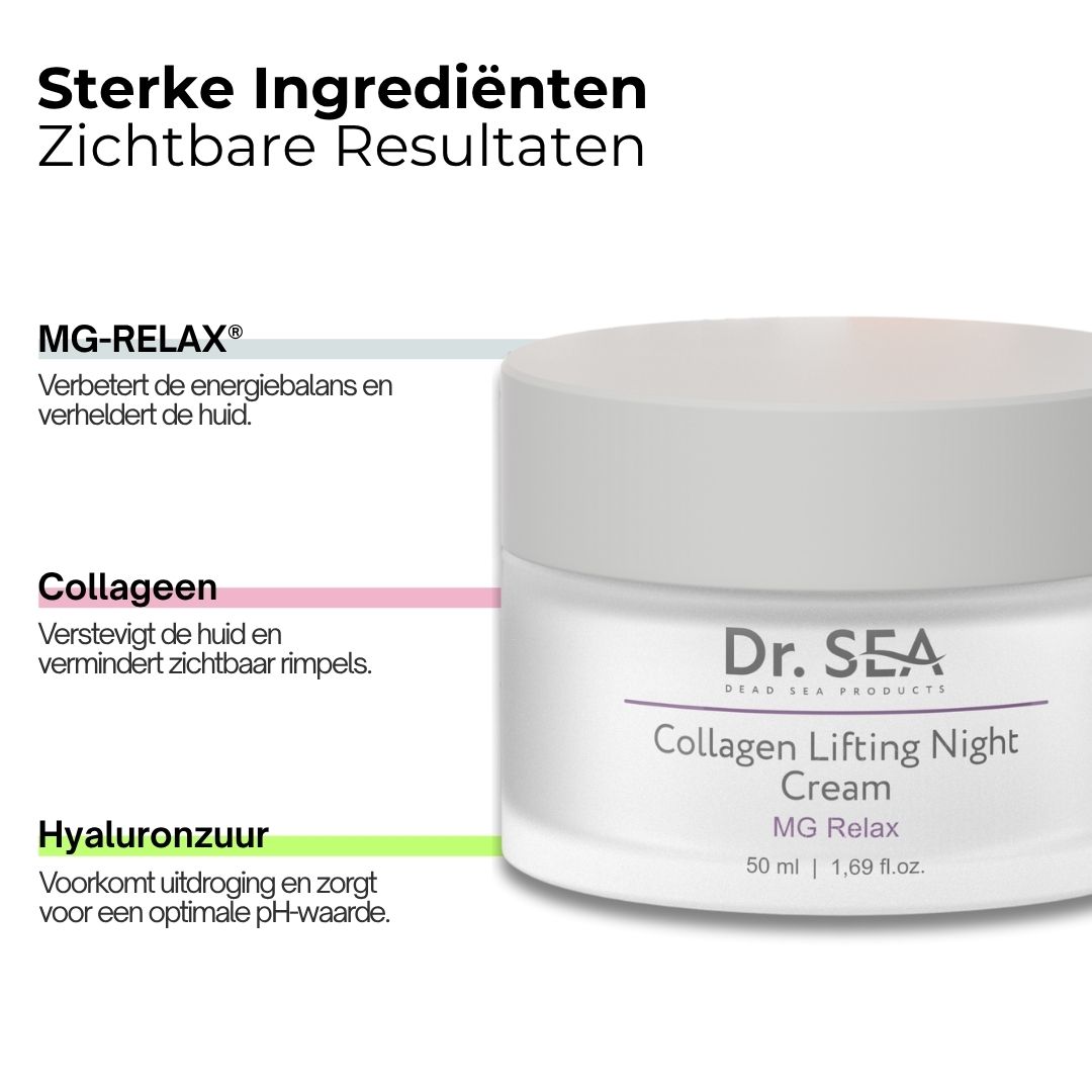 Crèmepot met tekst. Tekst: MG-RELAX, Collageen, Hyaluronzuur. Op de pot staat: Dr. SEA Collagen Lifting Night Cream.