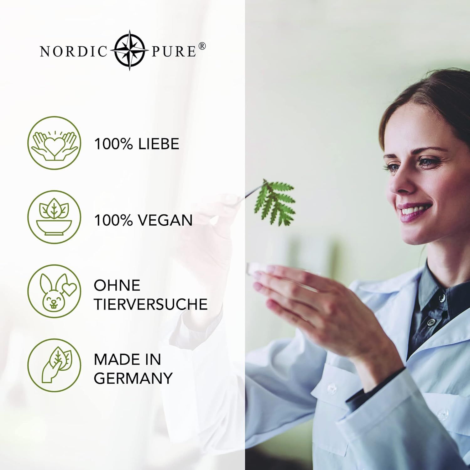 Vrouw in witte laboratoriumjas houdt een plant vast. Tekst: 100% Liefde, 100% Vegan, Zonder dierproeven, Gemaakt in Duitsland. Logo: Nordic Pure.