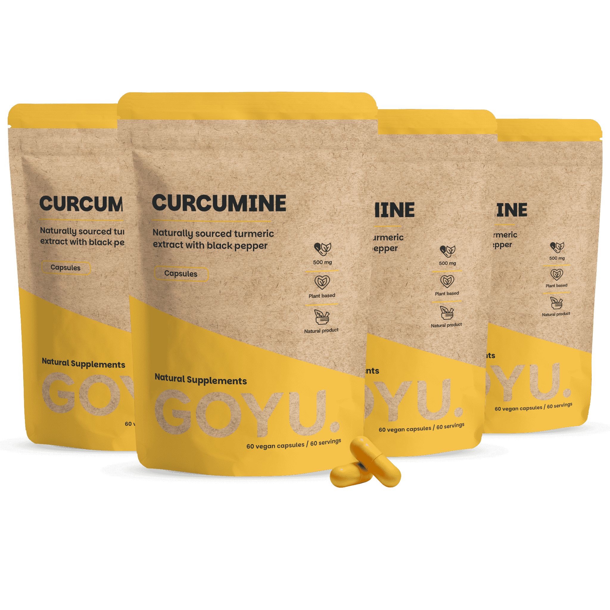 Quatre sachets de capsules de curcuma, deux devant, deux derrière. Deux capsules devant.