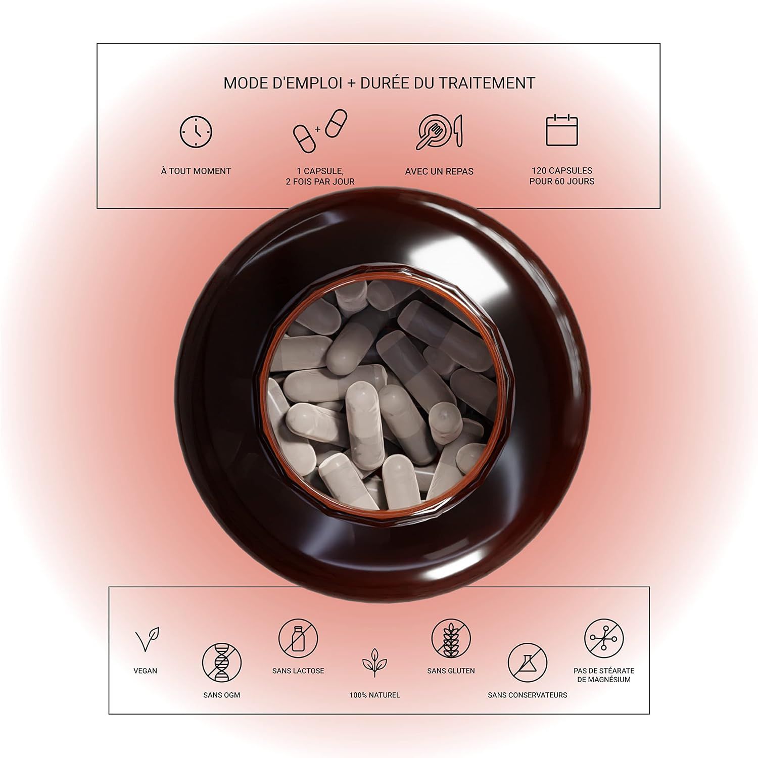 Bouteille de capsules Ashwagandha KSM-66 vue de dessus. Utilisation : 1 capsule, 2x/jour, avec repas. 120 capsules.