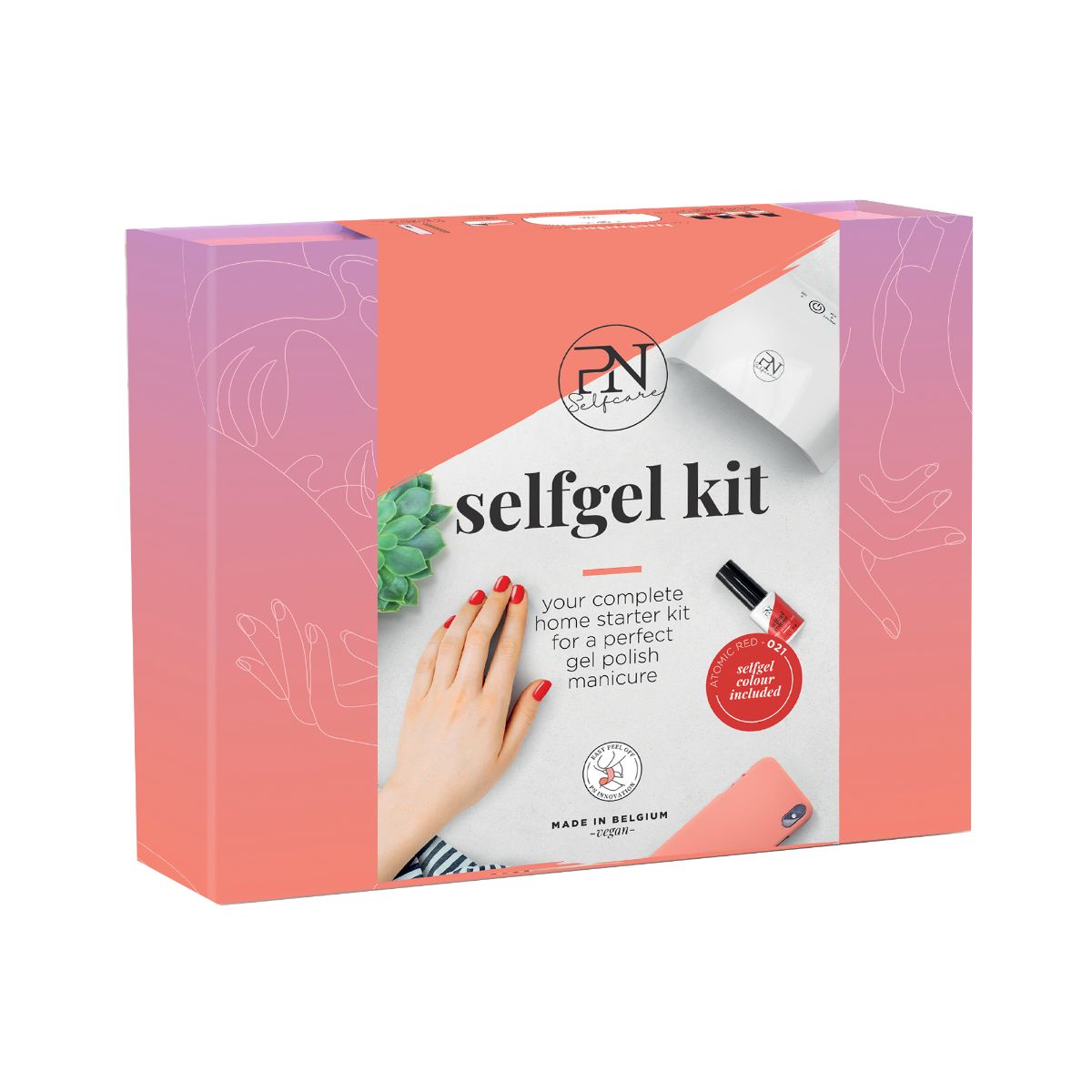 Emballage du kit PN Selfcare. Dégradé rose-orange. Image du produit et texte. Fabriqué en Belgique.