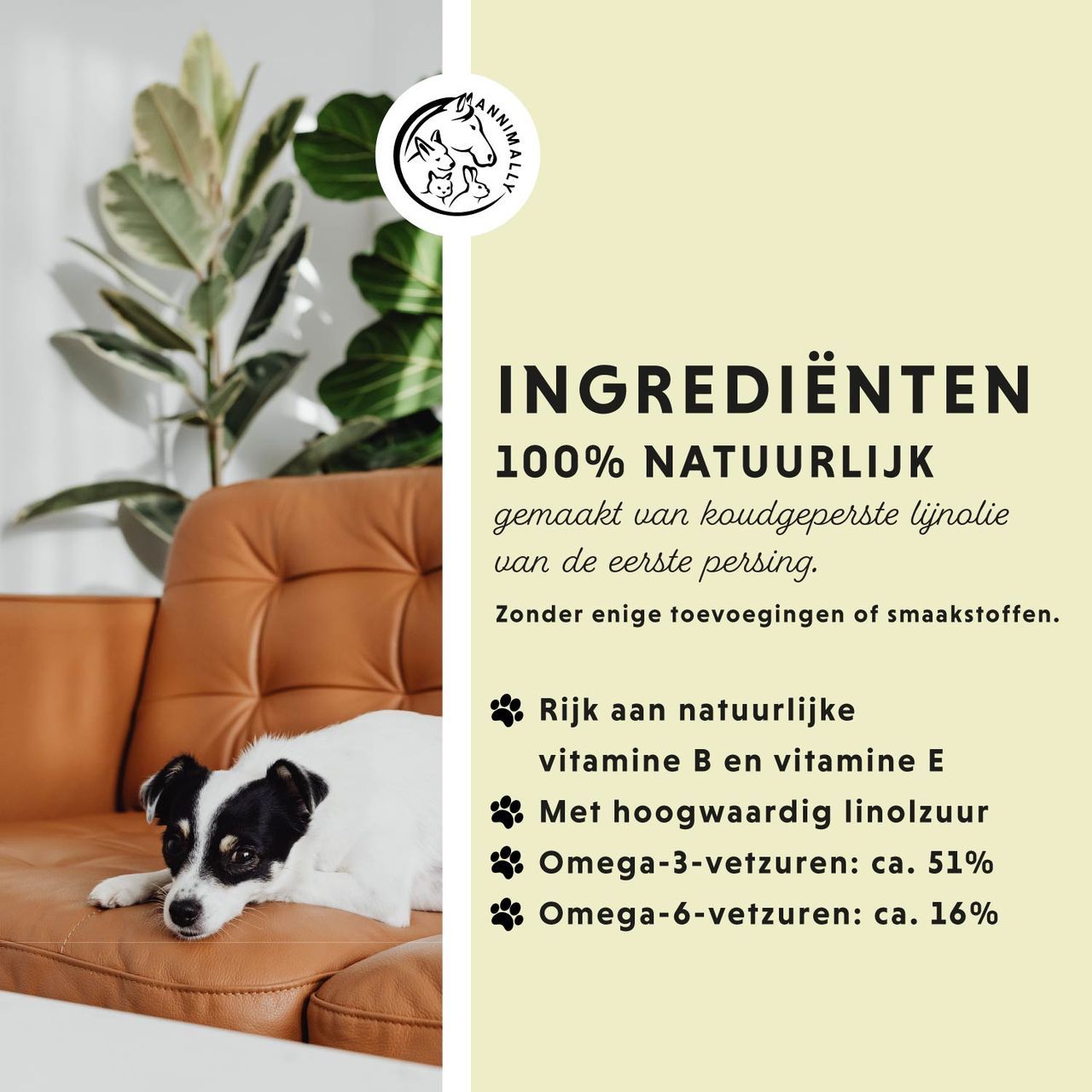 Label met productnaam en logo. Bevat 100% natuurlijke olie. Voor honden en katten. 500 ml.