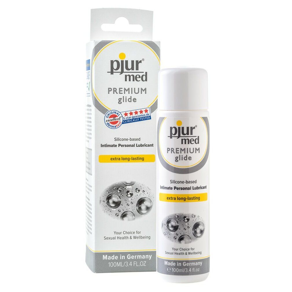 pjur med Premium Glide. Witte tube en verpakking. Opschrift: SILICONE-BASED PERSONAL LUBRICANT. Extra long-lasting. 100ml/3.4 FL.OZ.