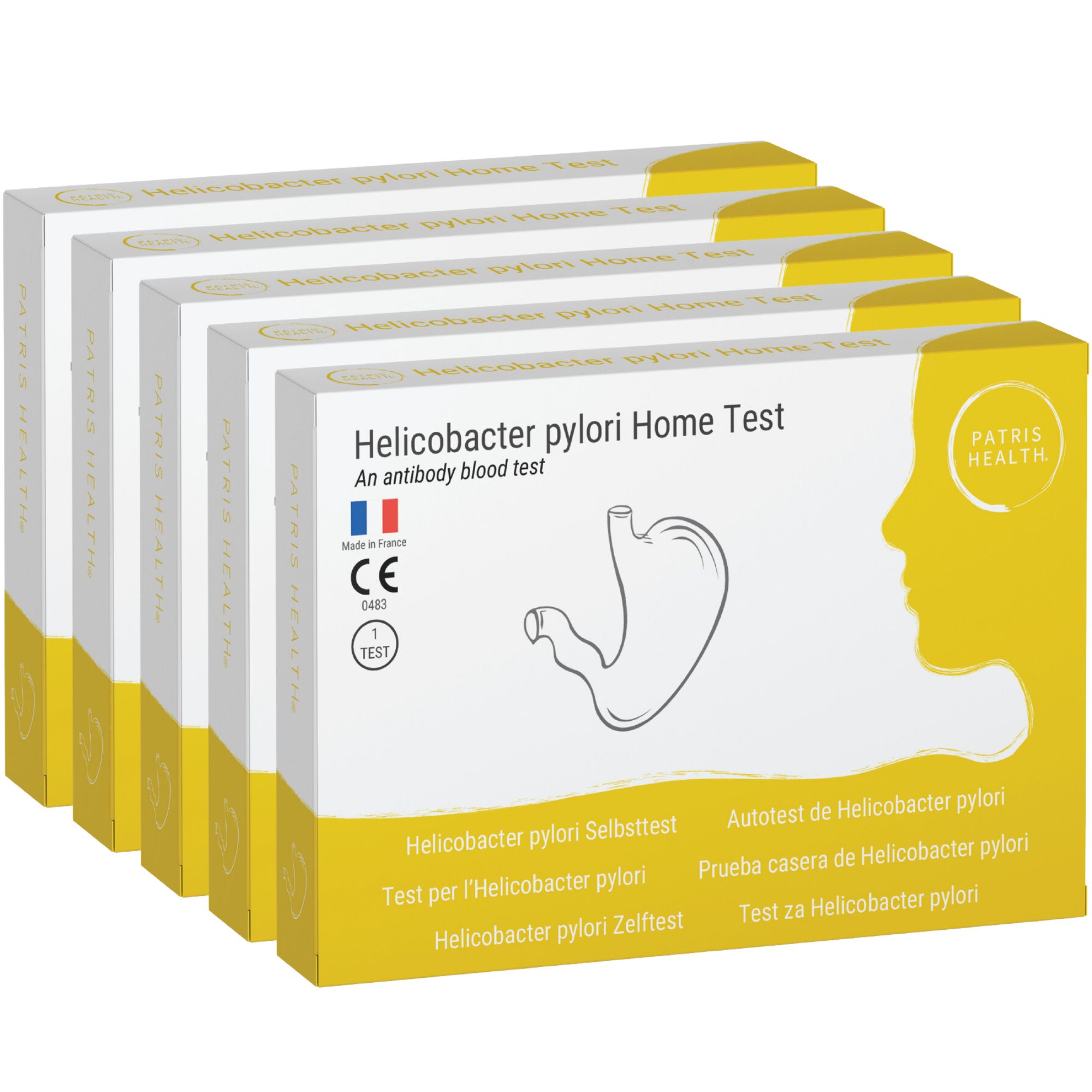 Meerdere verpakkingen van de Helicobacter pylori Home Test. Verpakking met productnaam en logo. CE-markering.