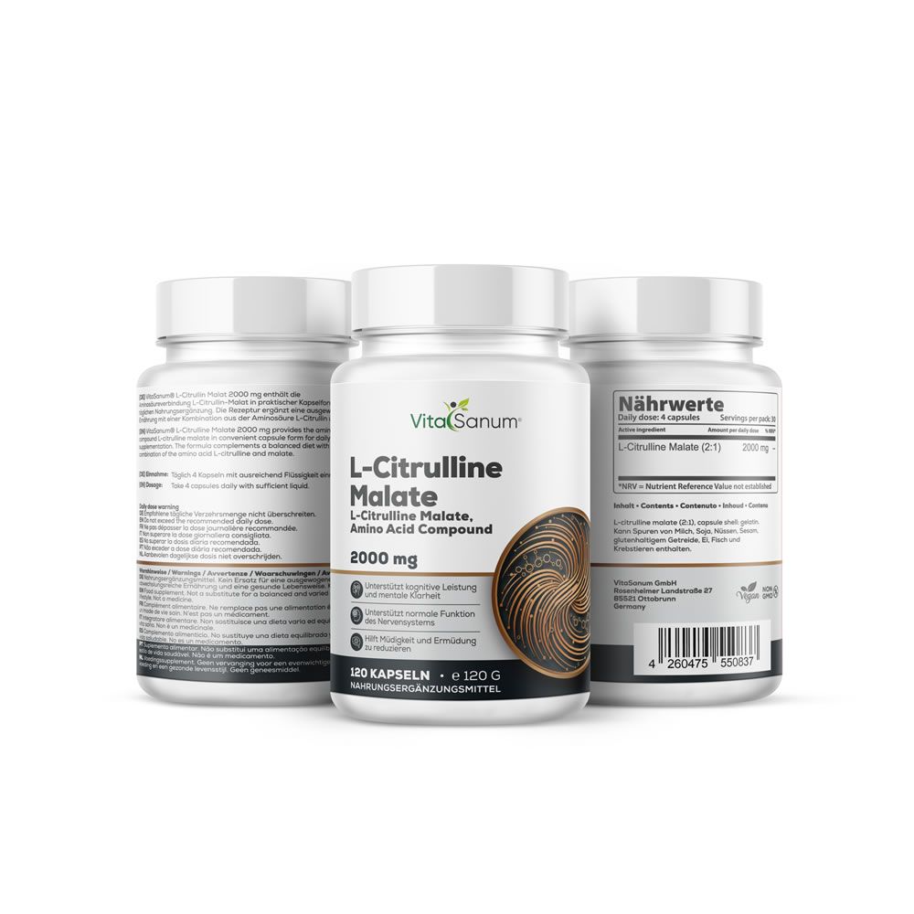Trois flacons blancs VitaSanum L-Citrulline Malate. Inscription : 2000 mg, 120 gélules. Complément alimentaire.