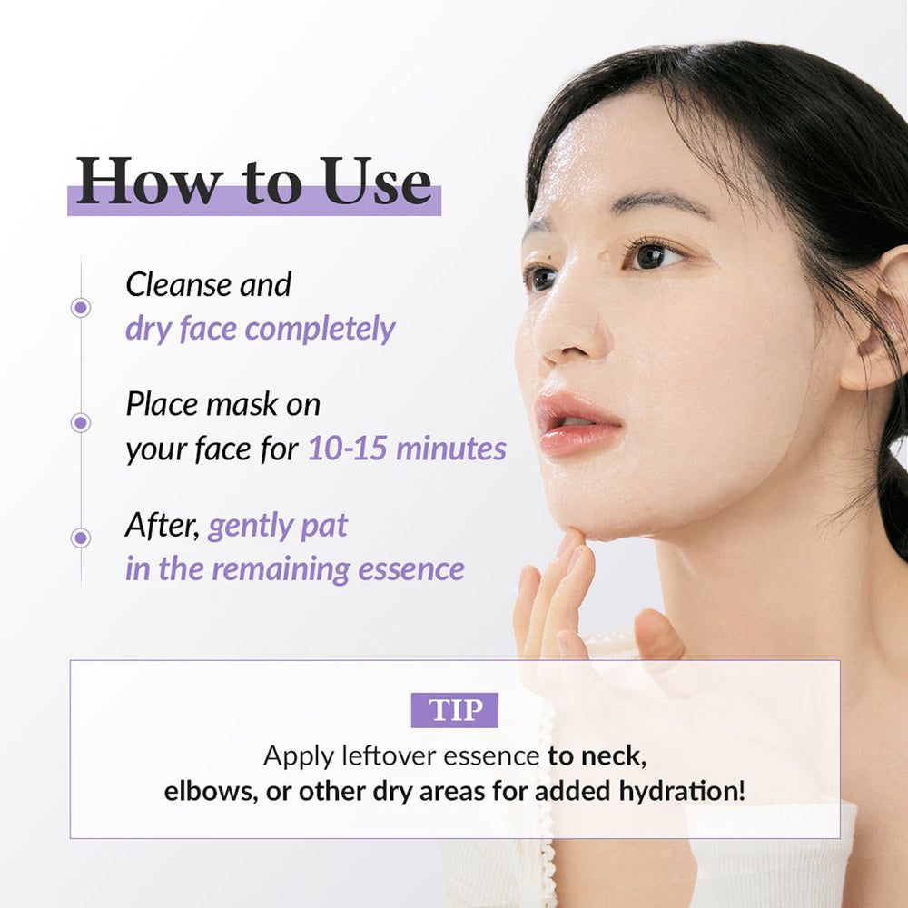 Instructies voor het gebruik van het sheetmasker, met stappen en tips voor resterende essence.