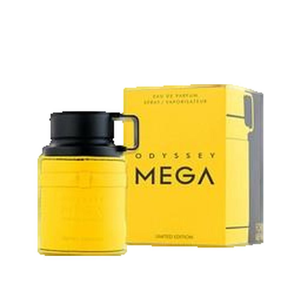 Parfum jaune avec bouchon et poignée noirs. Emballage jaune avec inscription "ODYSSEY MEGA". "Limited Edition" en bas.