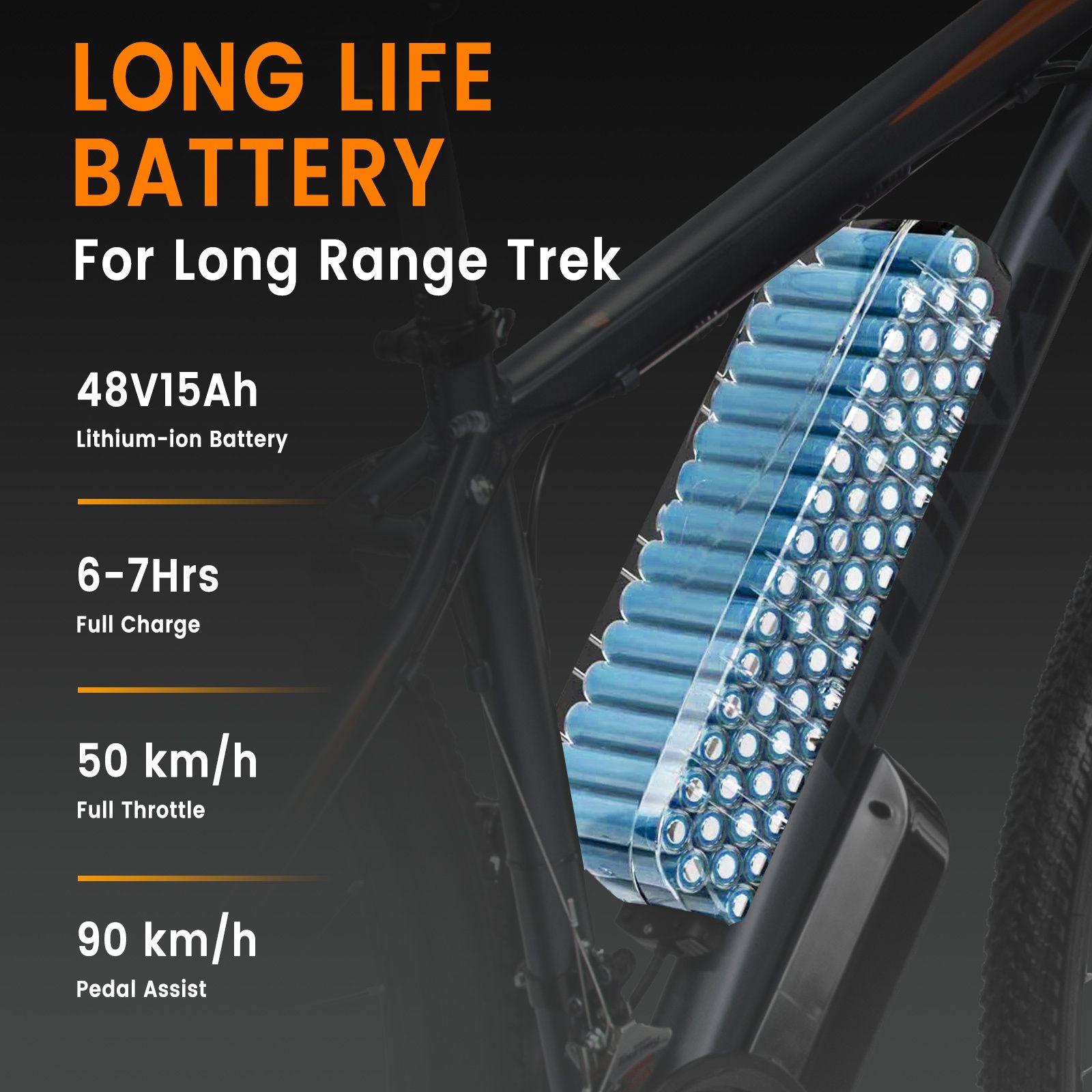 E-bike batterij met informatie. 48V 15Ah lithium-ion batterij. Oplaadtijd, bereik, trapondersteuning.