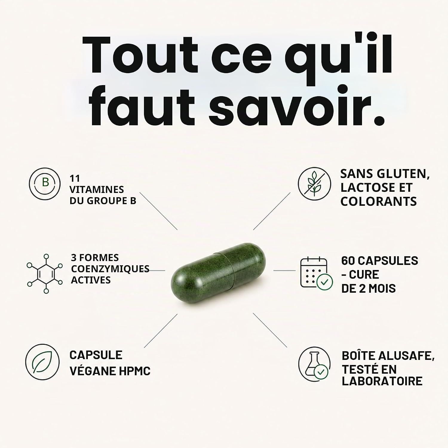 Une capsule verte avec détails : 11 vitamines B, 3 coenzymes, capsule végétale HPMC, sans gluten, lactose, colorants, 60 capsules, cure 2 mois, boîte Alusafe, testée en labo.