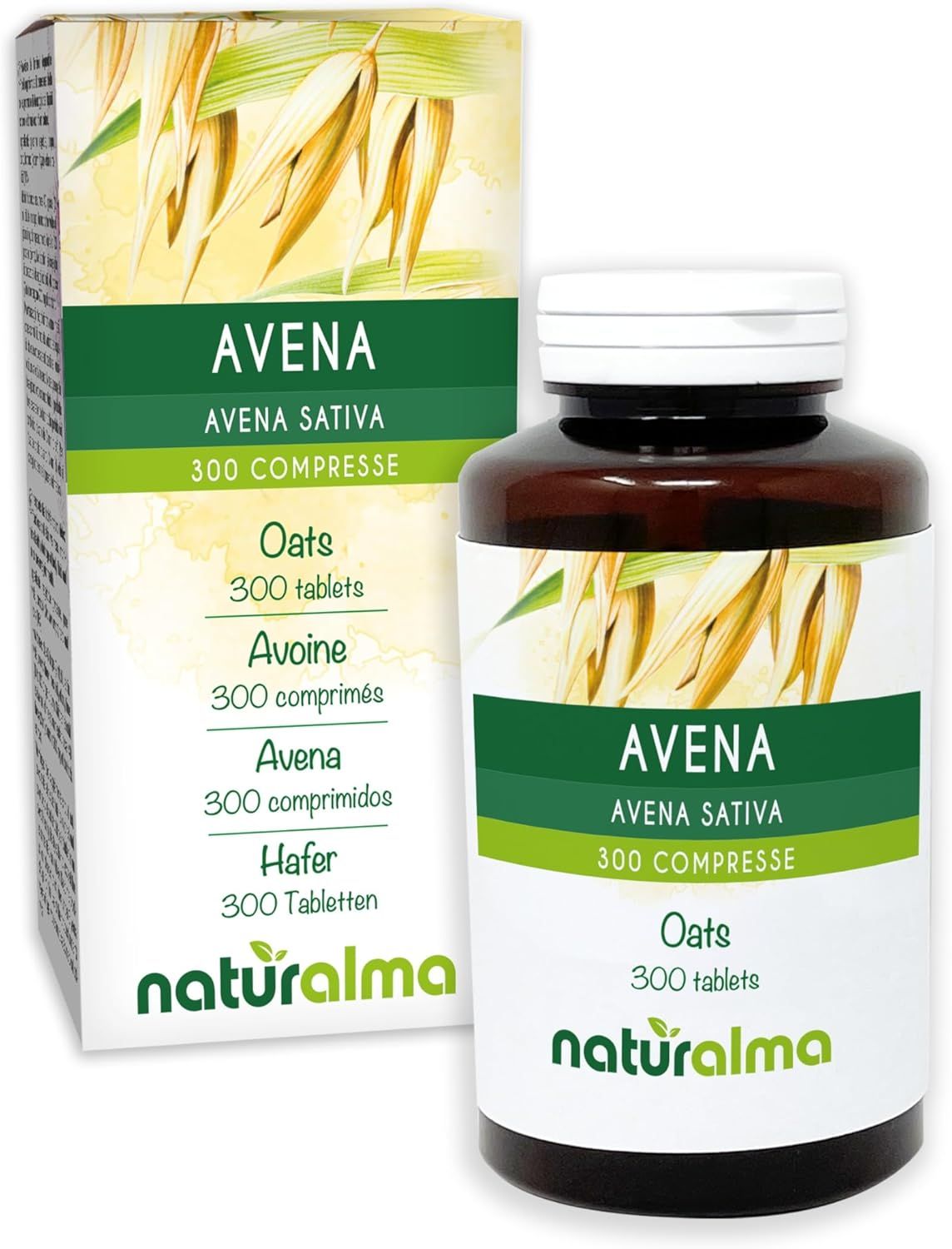Flacon et boîte de comprimés bruns. Texte: Avena, 300 comprimés. Logo Naturalma.