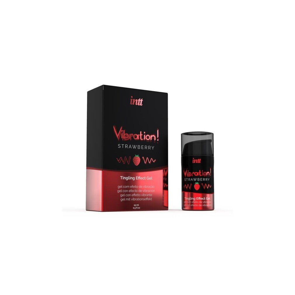 Zwarte doos en fles. Opschrift: INTT Vibration! Strawberry. Rode basis. Fles met transparante dop.