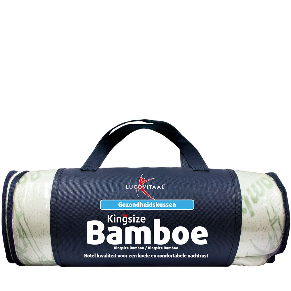 Oreiller roulé dans un sac noir avec poignée. Inscription "Bamboe" et "Kingsize". Marque Lucovitaal.