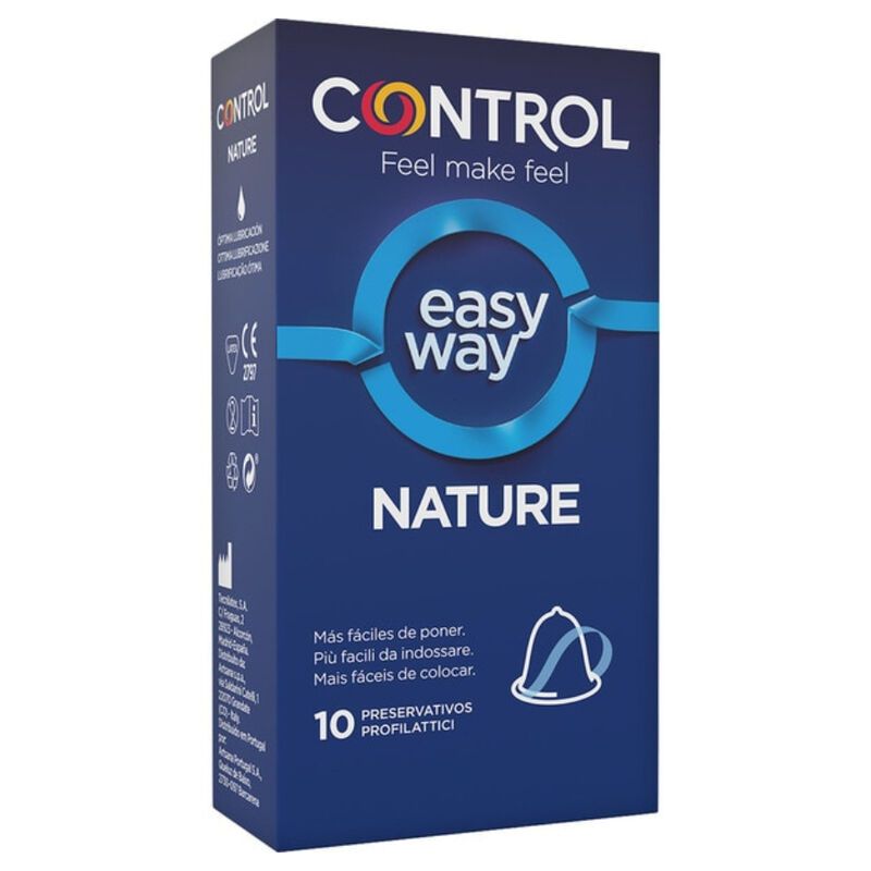 Boîte bleue avec 'CONTROL' et 'easy way NATURE'. Contient 10 préservatifs. Marquage CE.