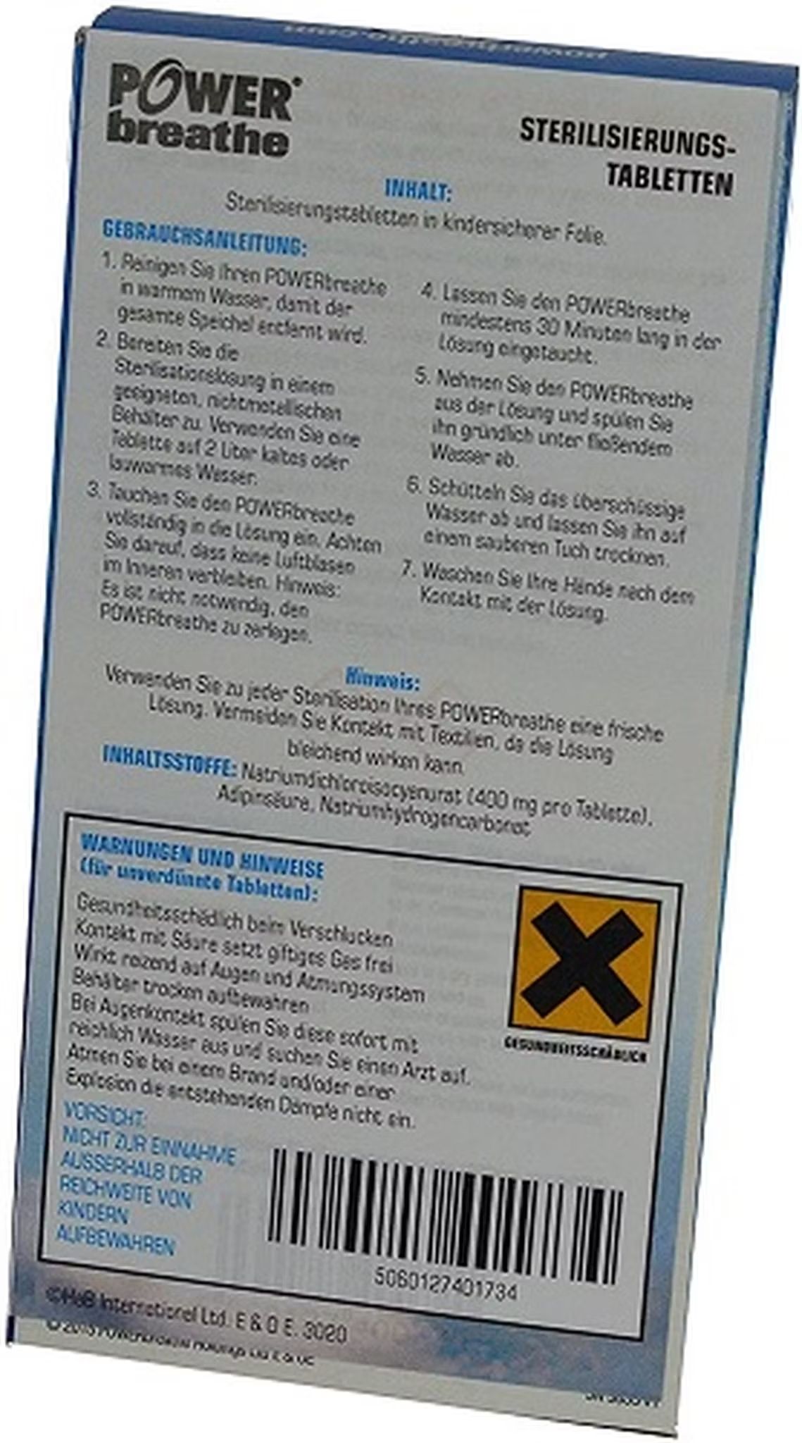Achterkant van het doosje PowerBreathe reinigingstabletten met instructies en ingrediënten.