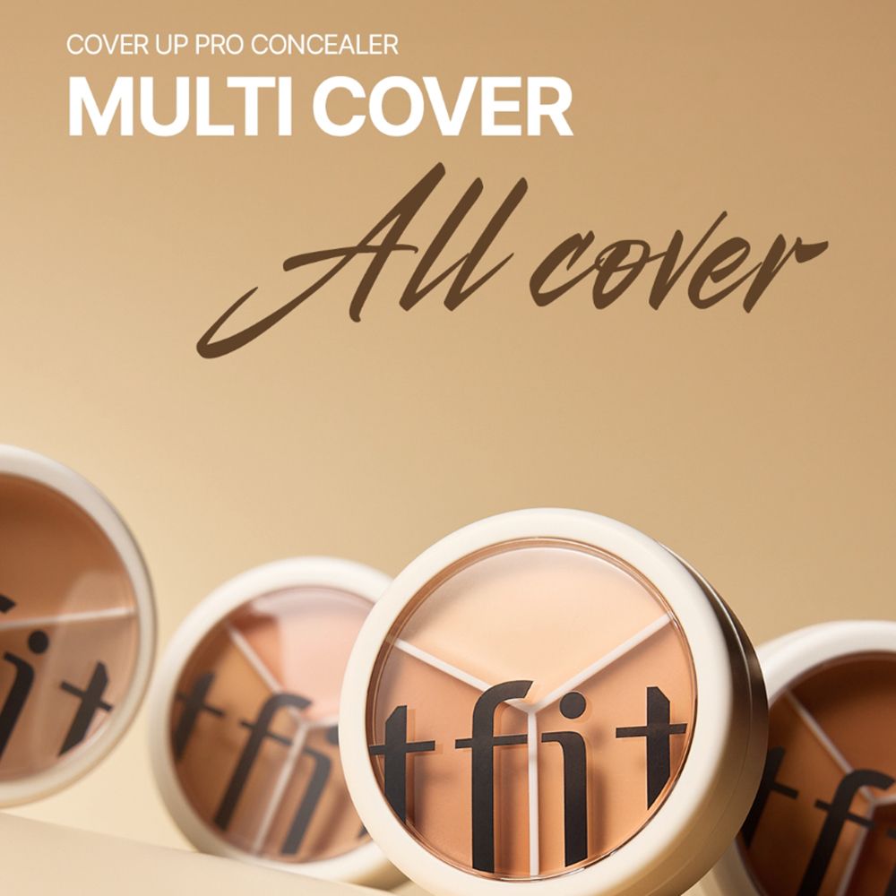 Meerdere concealerpaletten. Drie tinten. TFIT-logo. Tekst: Cover Up Pro Concealer, All cover.