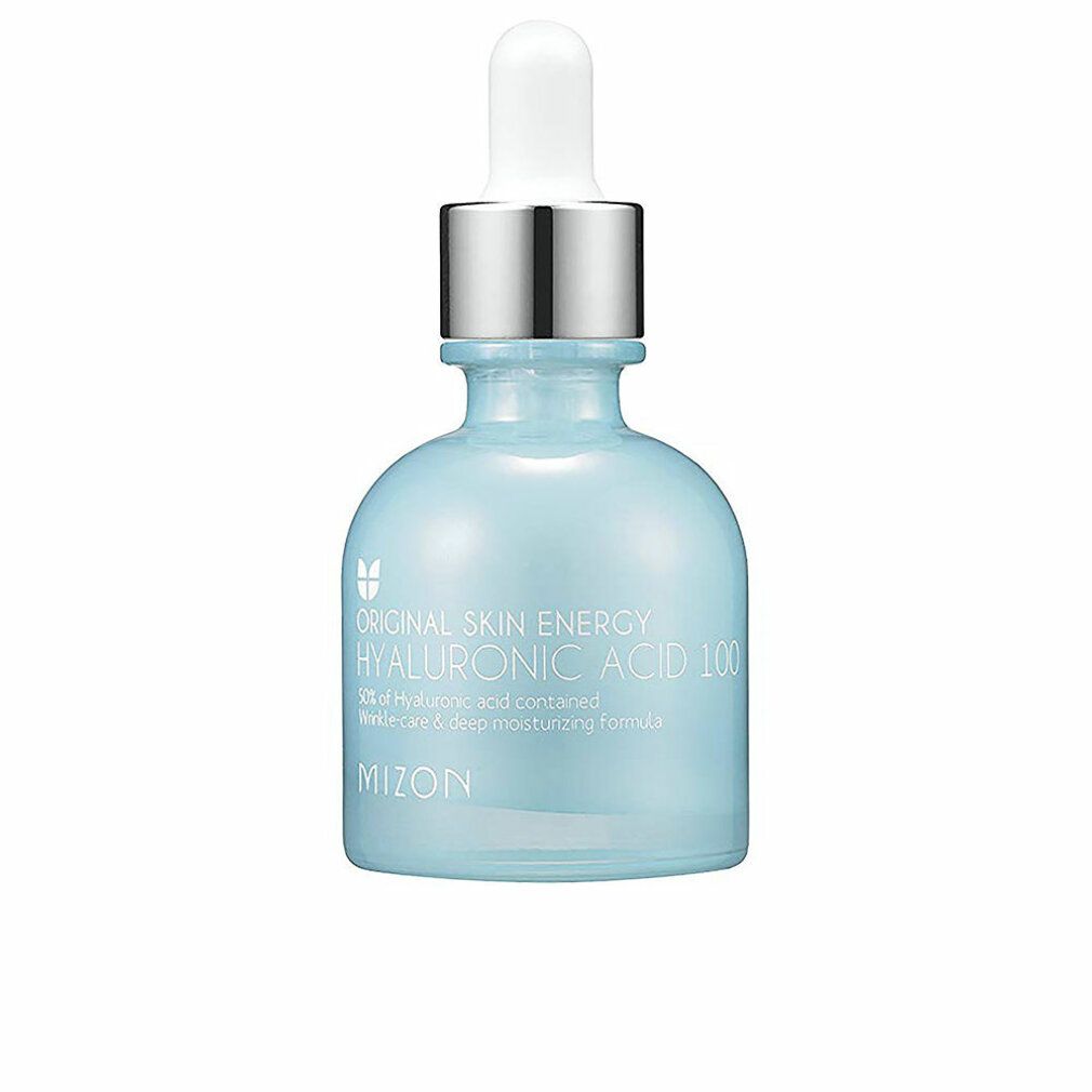 Flacon bleu clair avec bouchon argenté et pipette. Inscription : Original Skin Energy Hyaluronic Acid 100. Marque Mizon.