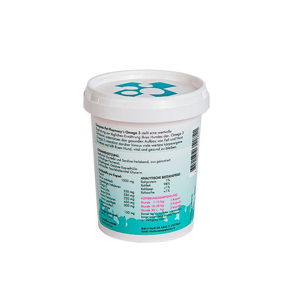 Achterkant van de emmer Omega 3. Witte deksel met logo. Tekst: European Pet Pharmacy, Omega 3, ingrediënten, analytische bestanddelen, voedingsaanbeveling.