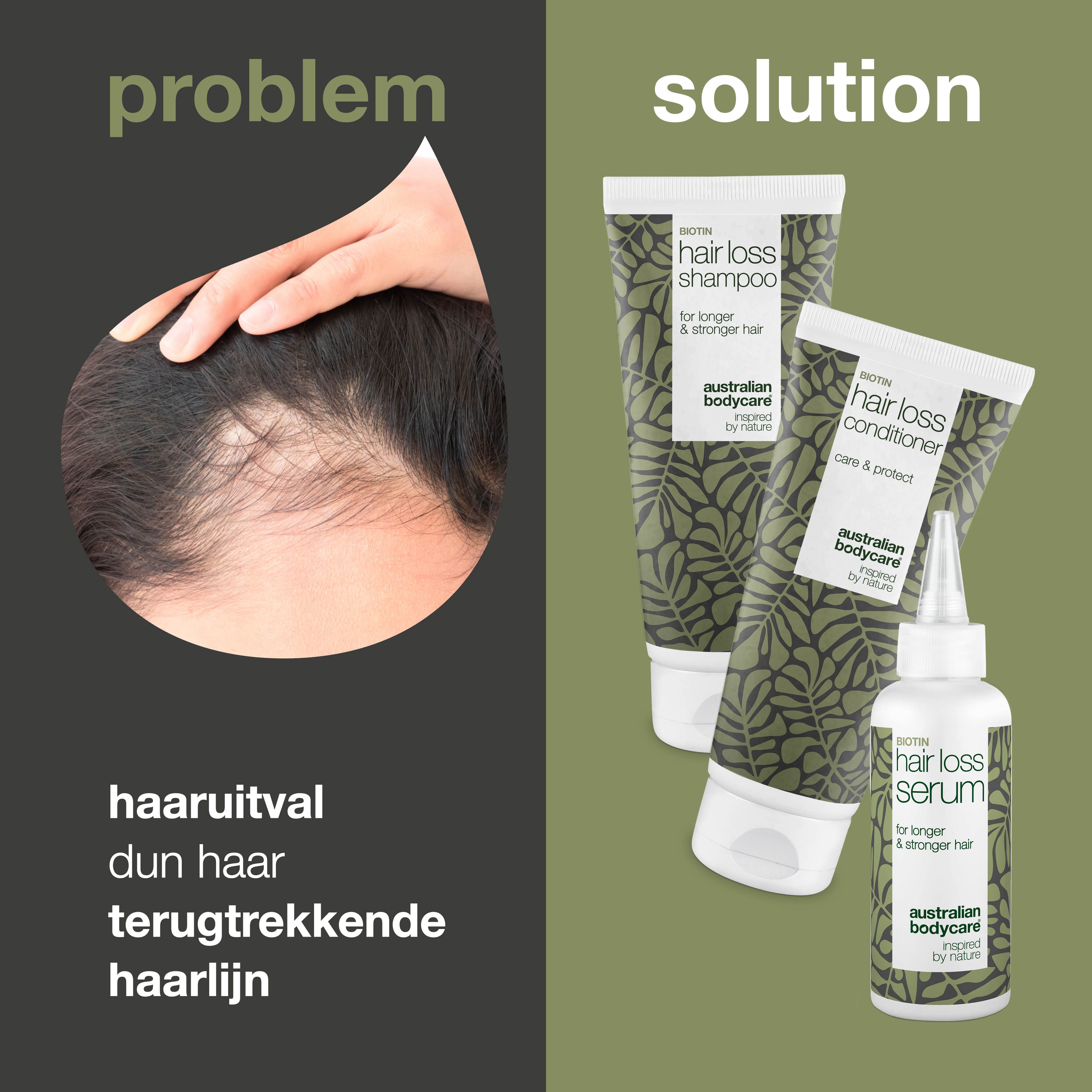 Haaroverzicht met tekst. Drie producten: shampoo, conditioner en serum. Logo van Australian Bodycare.