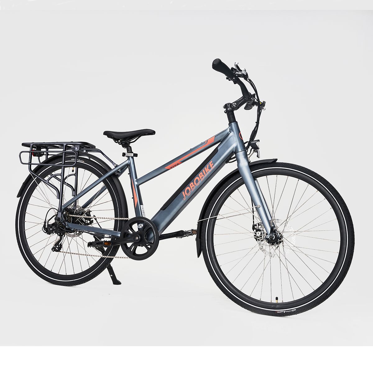 Vélo électrique gris JOBOBIKE Viva ST. Porte-bagages, garde-boue, pneus noirs. Logo JOBOBIKE sur le cadre.