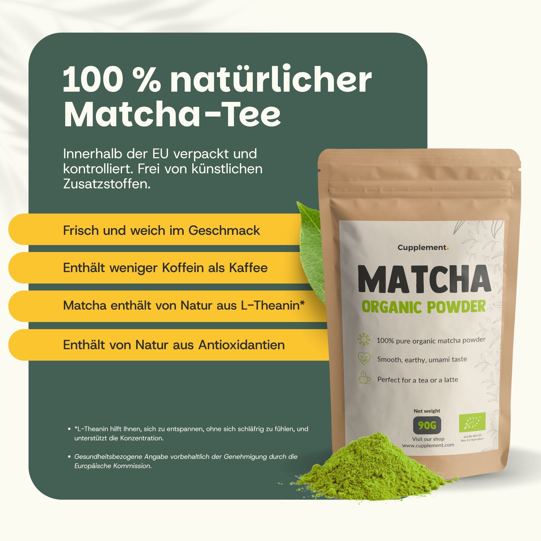 Emballage de poudre de matcha bio 100% naturelle. Texte : Matcha Organic Powder. 90g.
