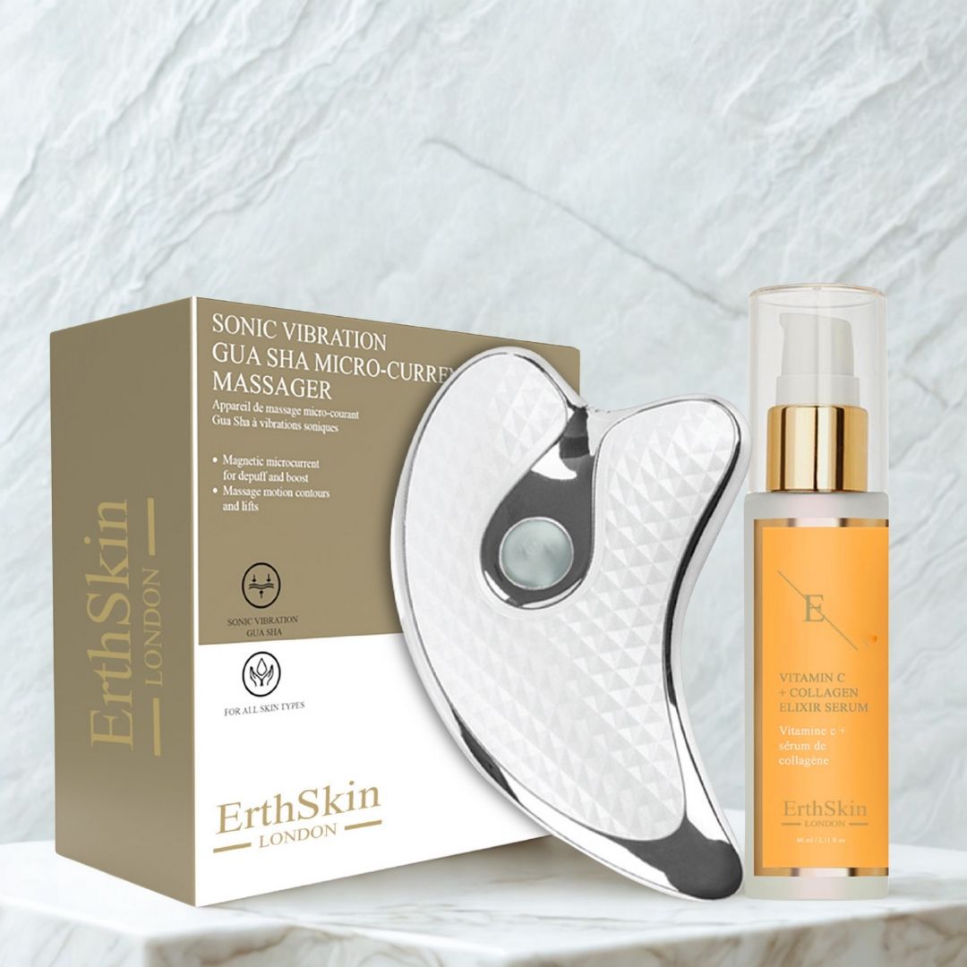 Appareil de massage Gua Sha et sérum. Appareil argenté, sérum jaune avec bouchon doré. Emballage avec nom du produit.