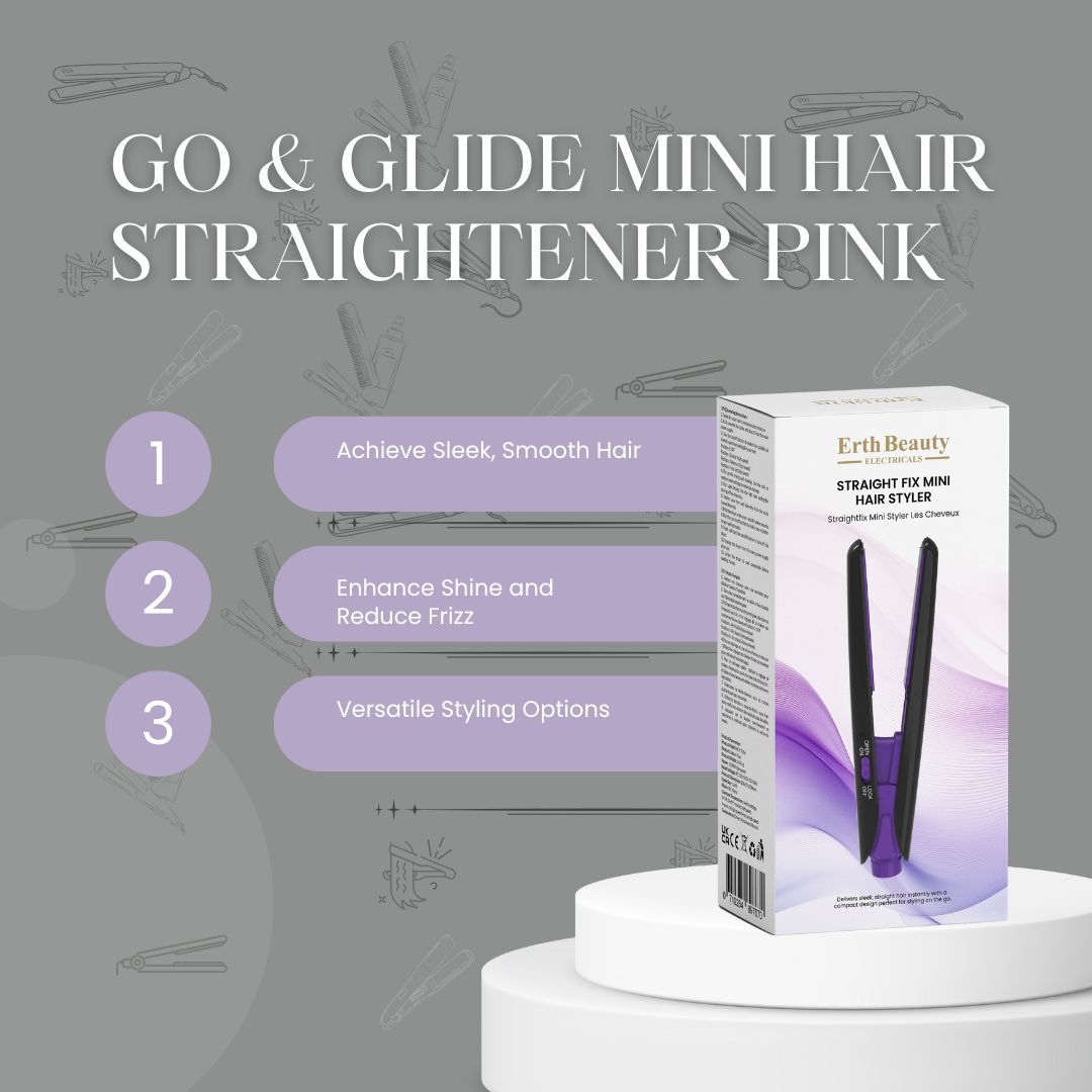 Product en verpakking op sokkel. Tekst: Go & Glide Mini Hair Straightener Pink. Merk: Erth Beauty Electricals. Mini haarstyler.
