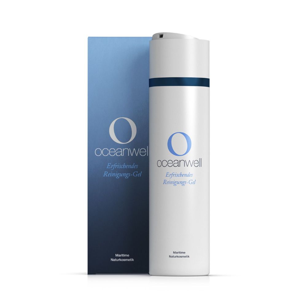 Gel nettoyant blanc avec texte bleu et emballage. Nom du produit et logo visibles.