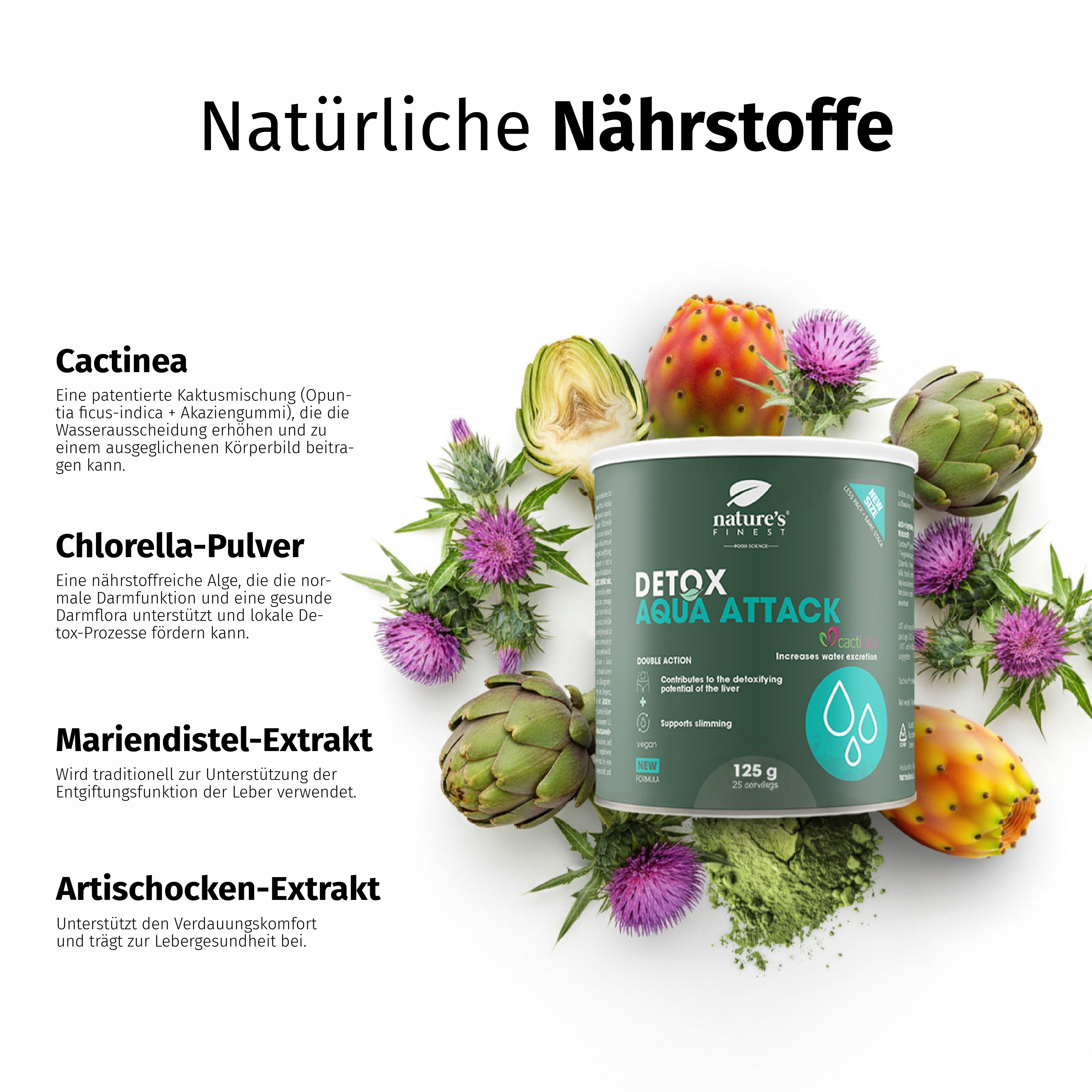 Boîte Nature's Finest Detox Aqua Attack entourée de figue de Barbarie, artichaut et chlorella.