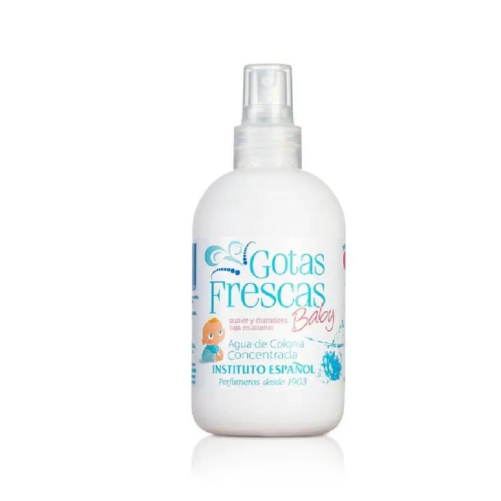 Flacon blanc avec vaporisateur. Inscription: Gotas Frescas Baby, Agua de Colonia Concentrada. INSTITUTO ESPAÑOL.