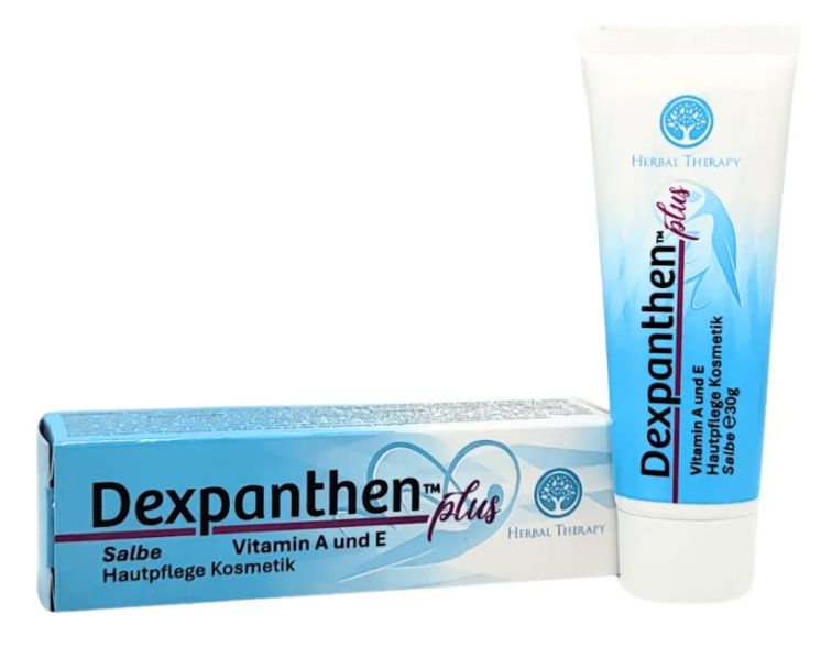 Tube et boîte Herbal Therapy Dexpanthen Plus. Pommade pour soins cosmétiques de la peau. Contient de la vitamine A et E.