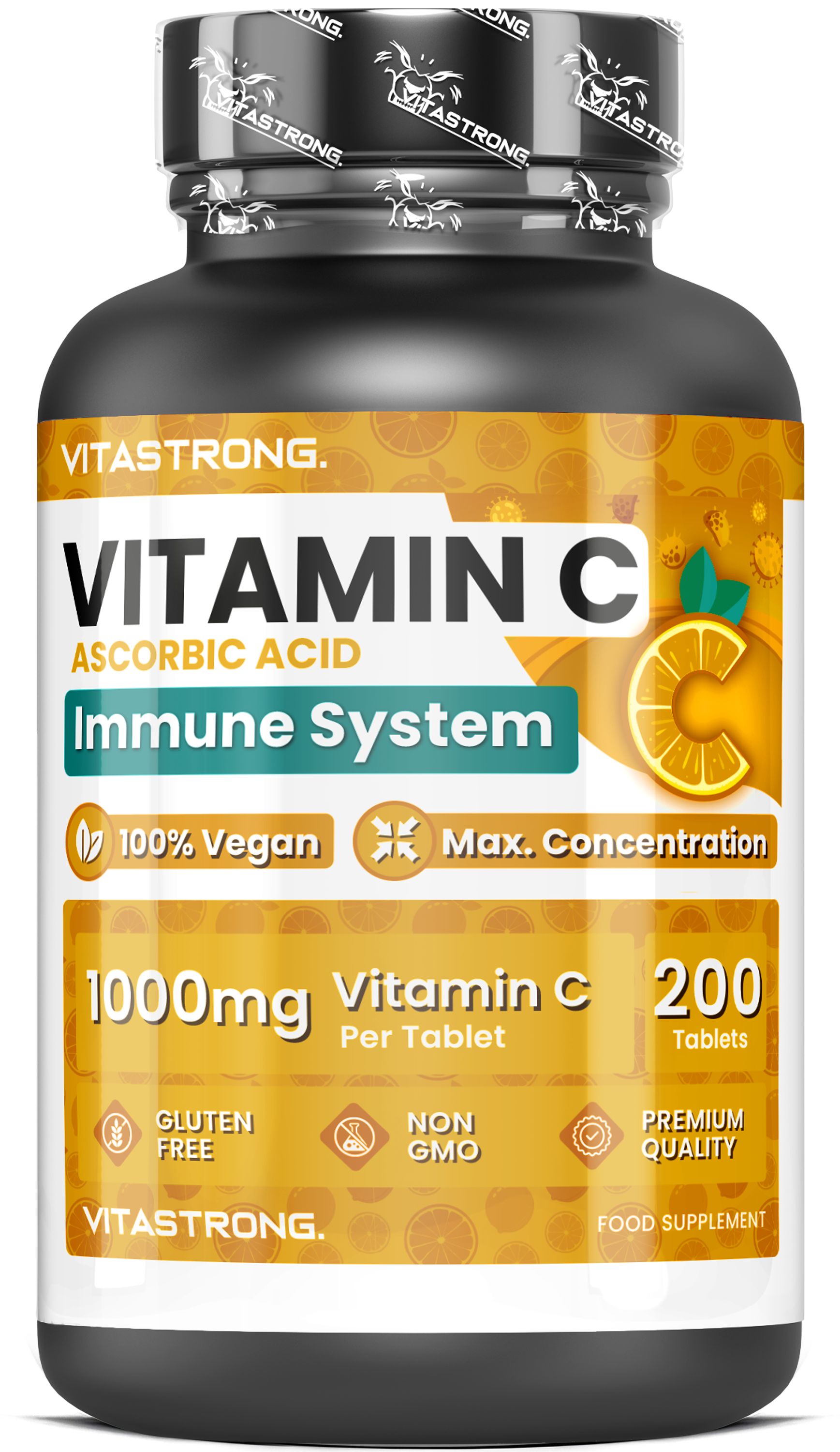Bouteille Vitamine C Vitastrong. 100% Végan, Max. Concentration, 1000mg, 200 comprimés.