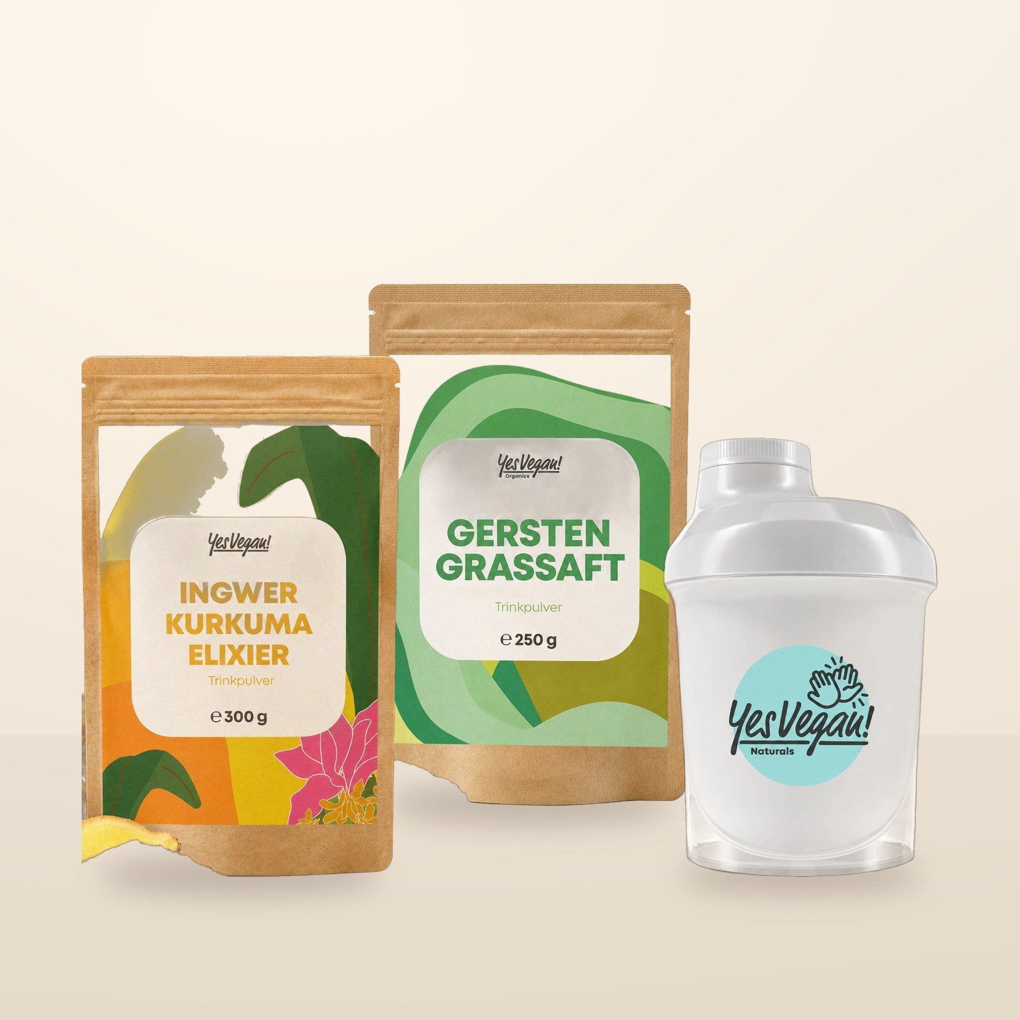 Fles Spermidine van Yes Vegan! met Vitamine B12 en C, omringd door iconen van effecten.