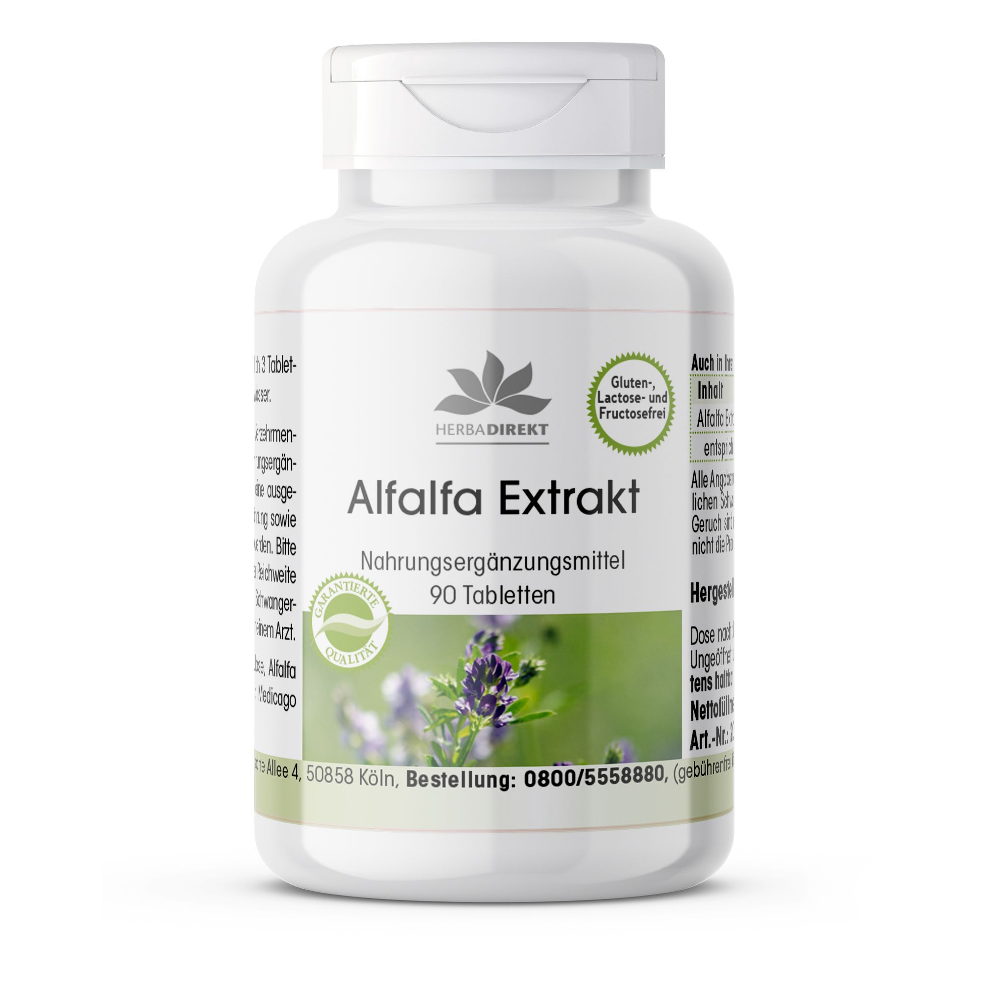 Witte tablettenfles met opschrift Alfalfa Extrakt. Bevat 90 tabletten. Merk: HerbaDirekt. Glutenvrij, lactosevrij en fructosevrij.