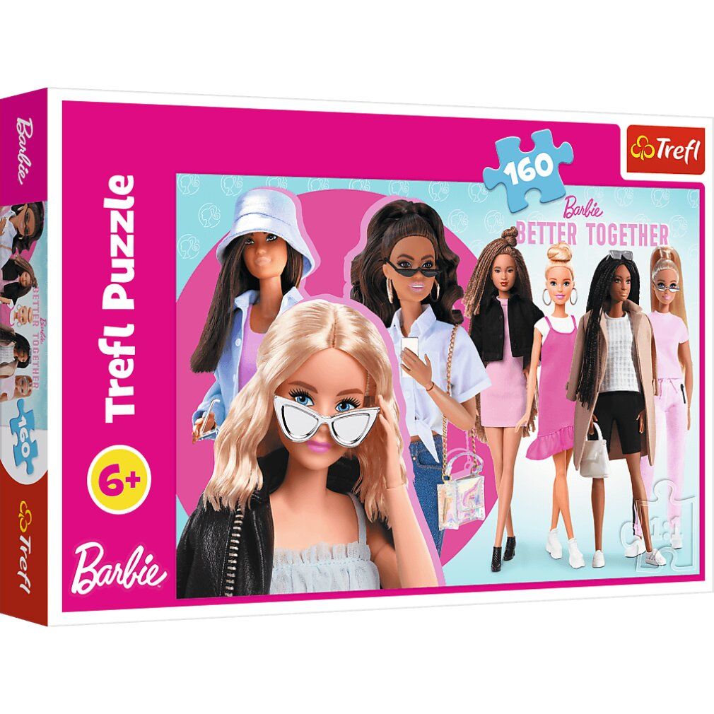Trefl Puzzel Barbie, 160 stukjes. Verpakking met Barbie-motief. Zes Barbie-poppen. Aanbevolen leeftijd 6+. Logo Trefl en Barbie.