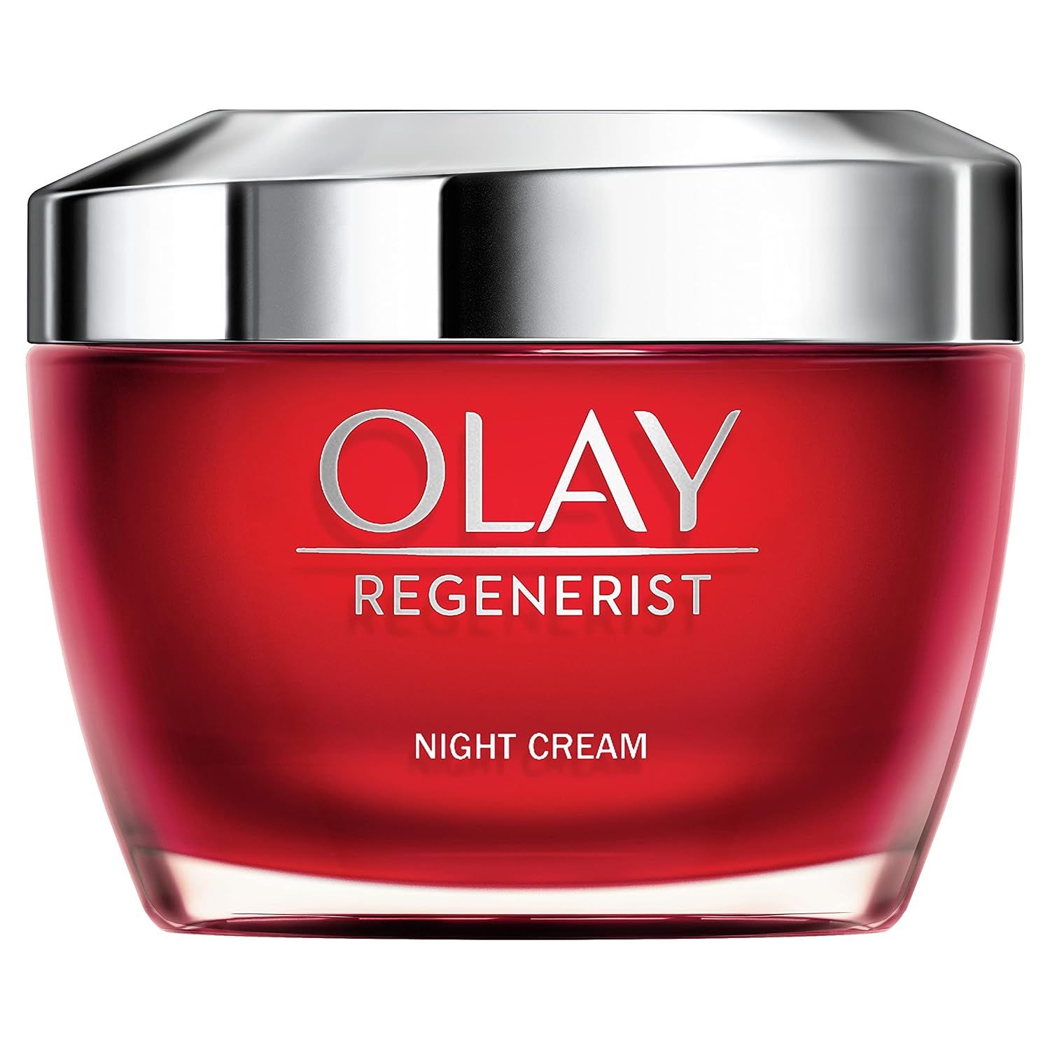 Pot de crème rouge avec couvercle argenté. Logo Olay Regenerist Nachtcreme.