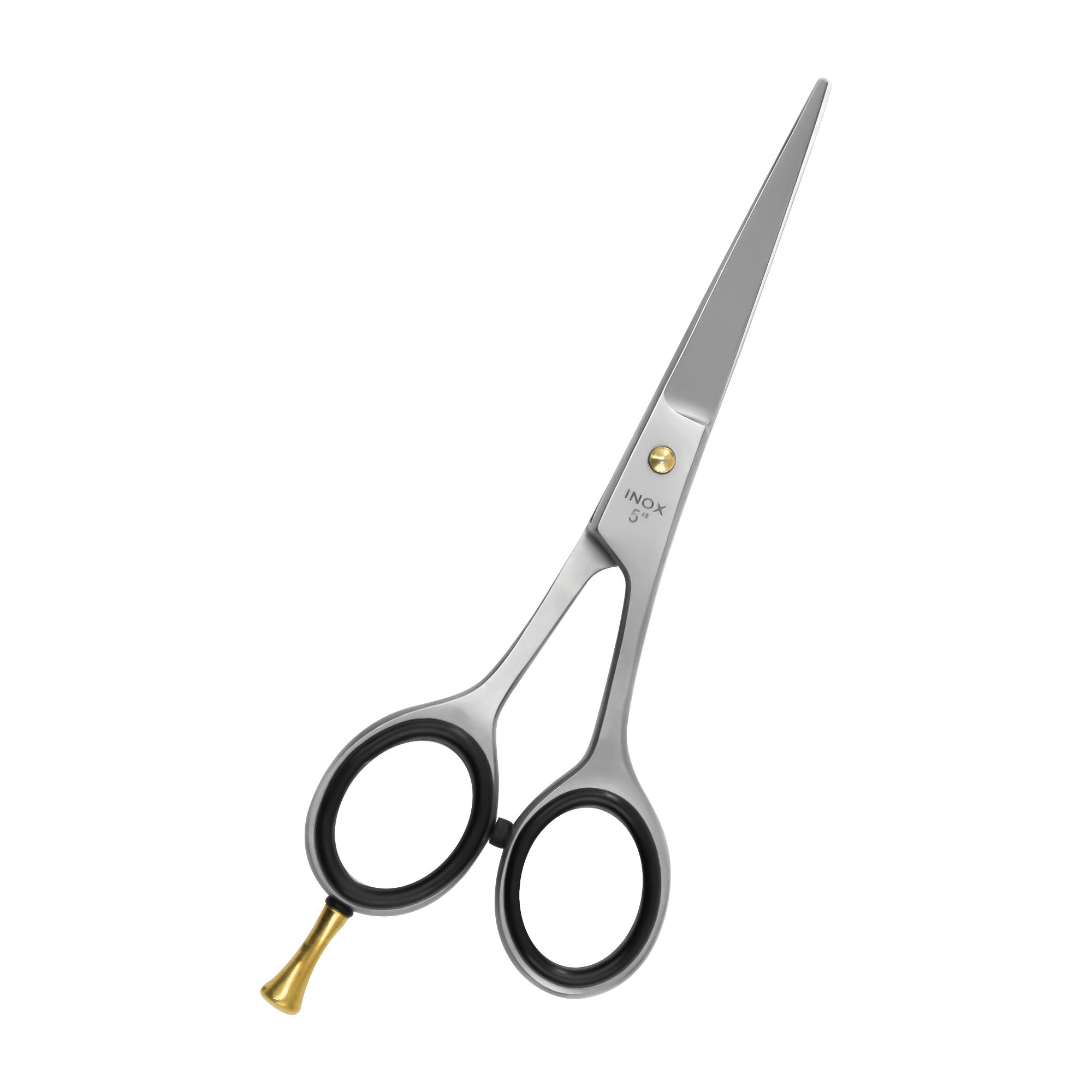Zilveren kappersschaar met zwarte handgrepen en gouden schroef. Opschrift: "Inox 6".