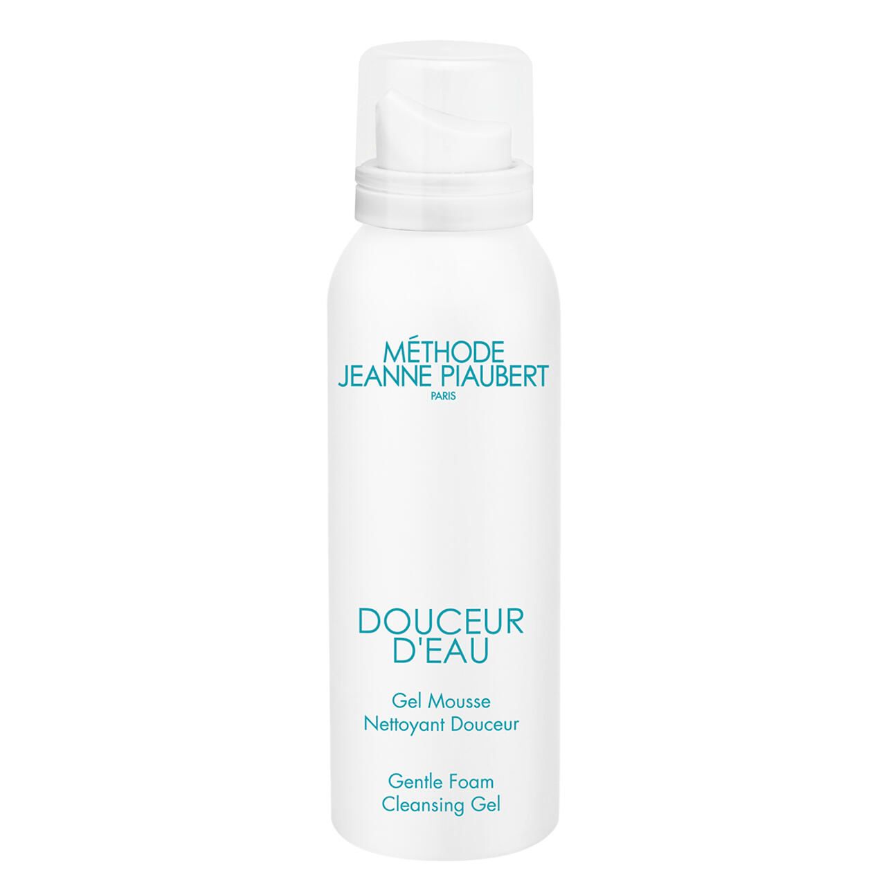 Flacon blanc avec pompe. Inscription: Methode Jeanne Piaubert, Douceur d'Eau, Gel Mousse, Gentle Foam Cleansing Gel.
