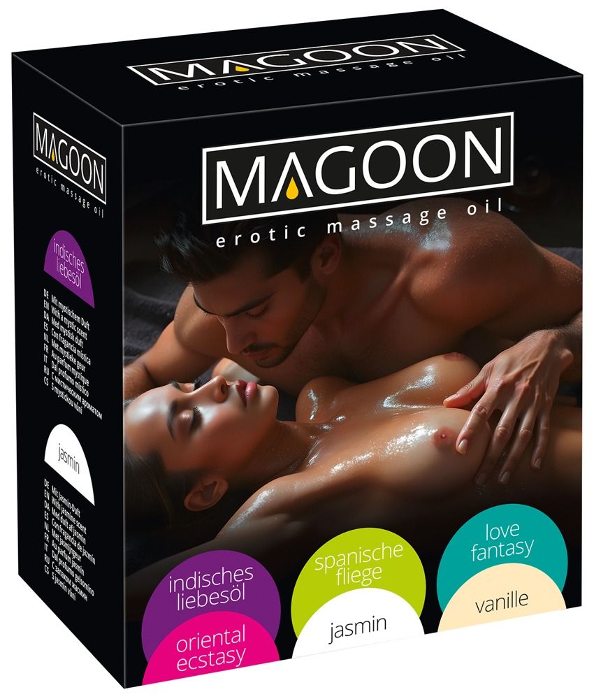 Verpakking voor Magoon erotische massageolie met afbeelding van een stel en geurvarianten.