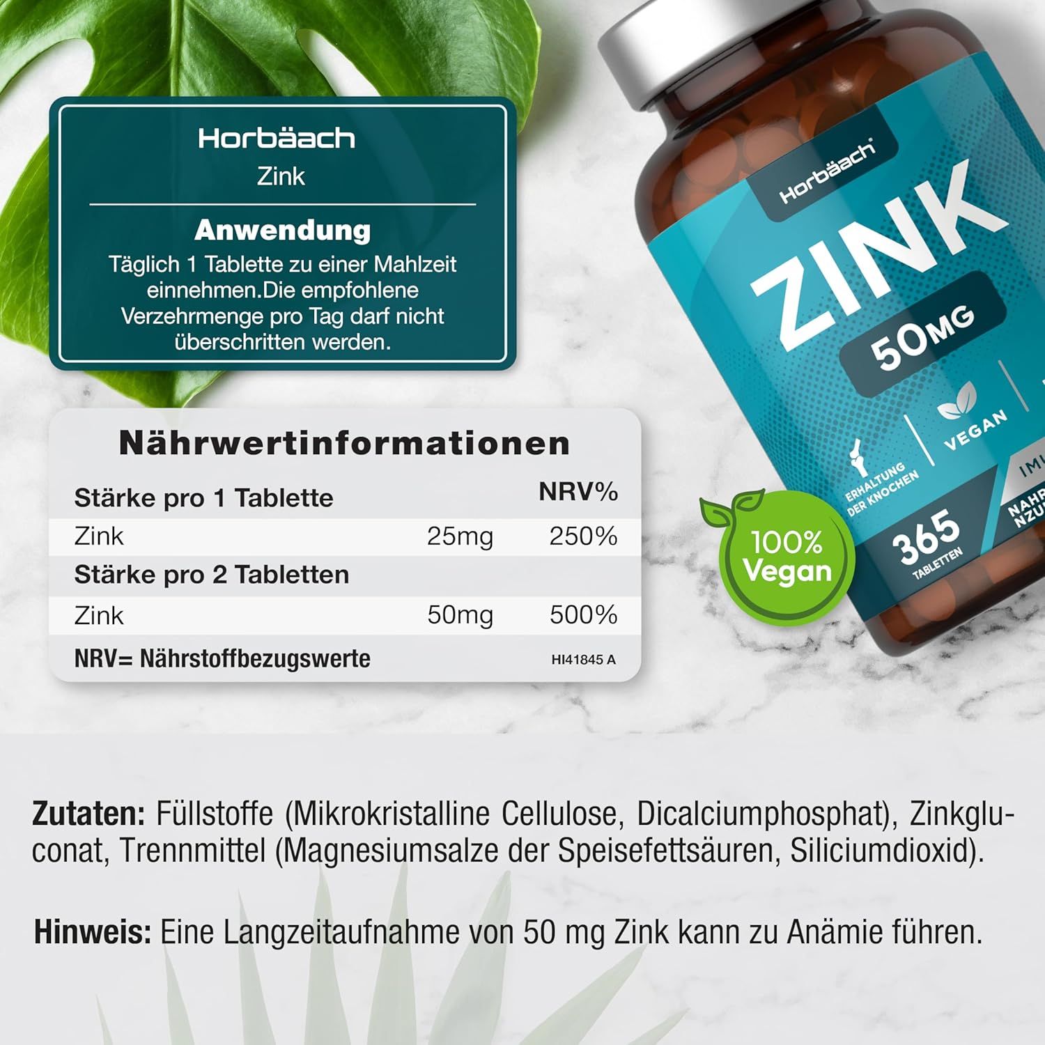 Horbaach zinktabletten. 100% vegan. 25mg zink per tablet. Ingrediëntenlijst en voedingswaarde. Let op: anemie mogelijk.