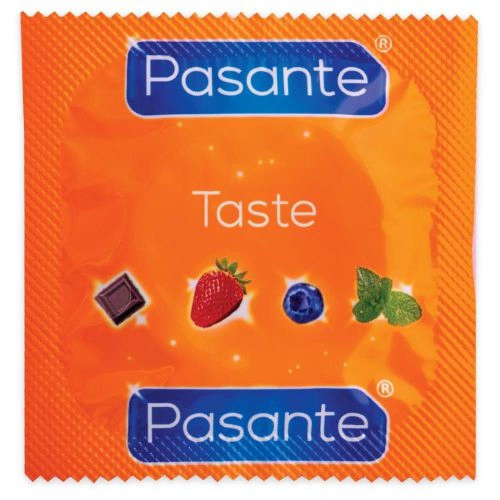 Emballage individuel de préservatif Pasante Taste. Fraise, myrtille, menthe et chocolat illustrés.